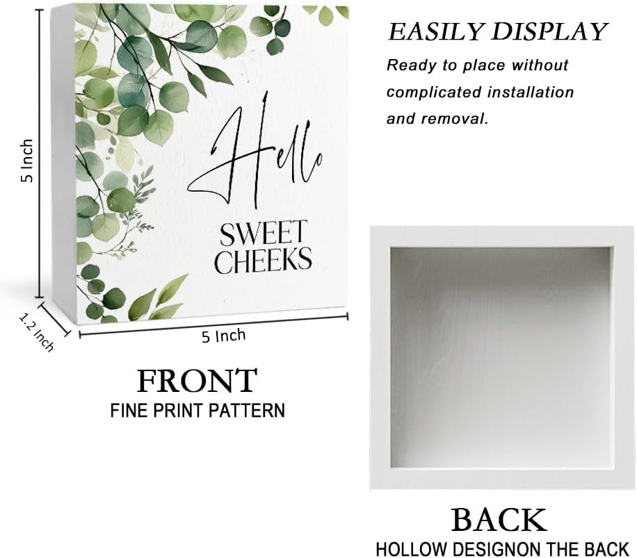 Hello Sweet Cheeks Funny Bathroom Wooden Box Sign, Hello Sweet Cheeks Bathroom Decor, Eucalyptus Botanical Wood Signs Plaque for Restroom Washroom Toilet Counter Shelf Table Decor, 5x5 Inch