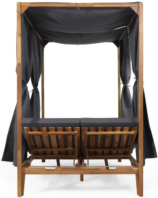 kevinplus Outdoor Patio Sunbed Daybed with Adjustable Reclining Chaise Lounge & Water-Resistant Canopy & Curtain, Solid Wood Construction, Dark Gray