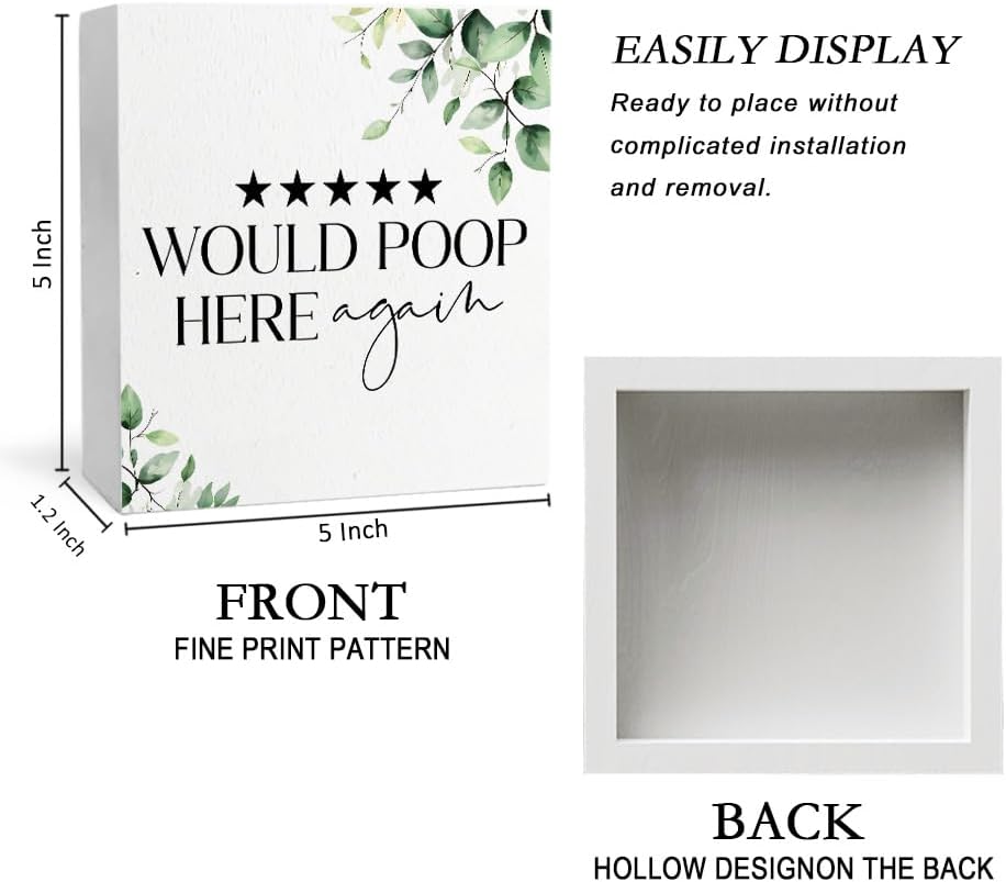Would Poop Here Again Funny Bathroom Wooden Box Sign, Eucalyptus Botanical Wood Signs Plaque for Bathroom Washroom Toilet Counter Shelf Table Decor, 5x5 Inch