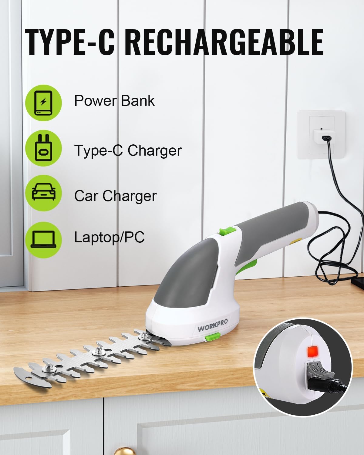 WORKPRO Cordless Grass Shear & Shrubbery Trimmer - 2 in 1 Handheld Hedge Trimmer 7.2V Electric Grass Trimmer Hedge Shears/Grass Cutter Rechargeable Lithium-Ion Battery and Type-C Cable Included