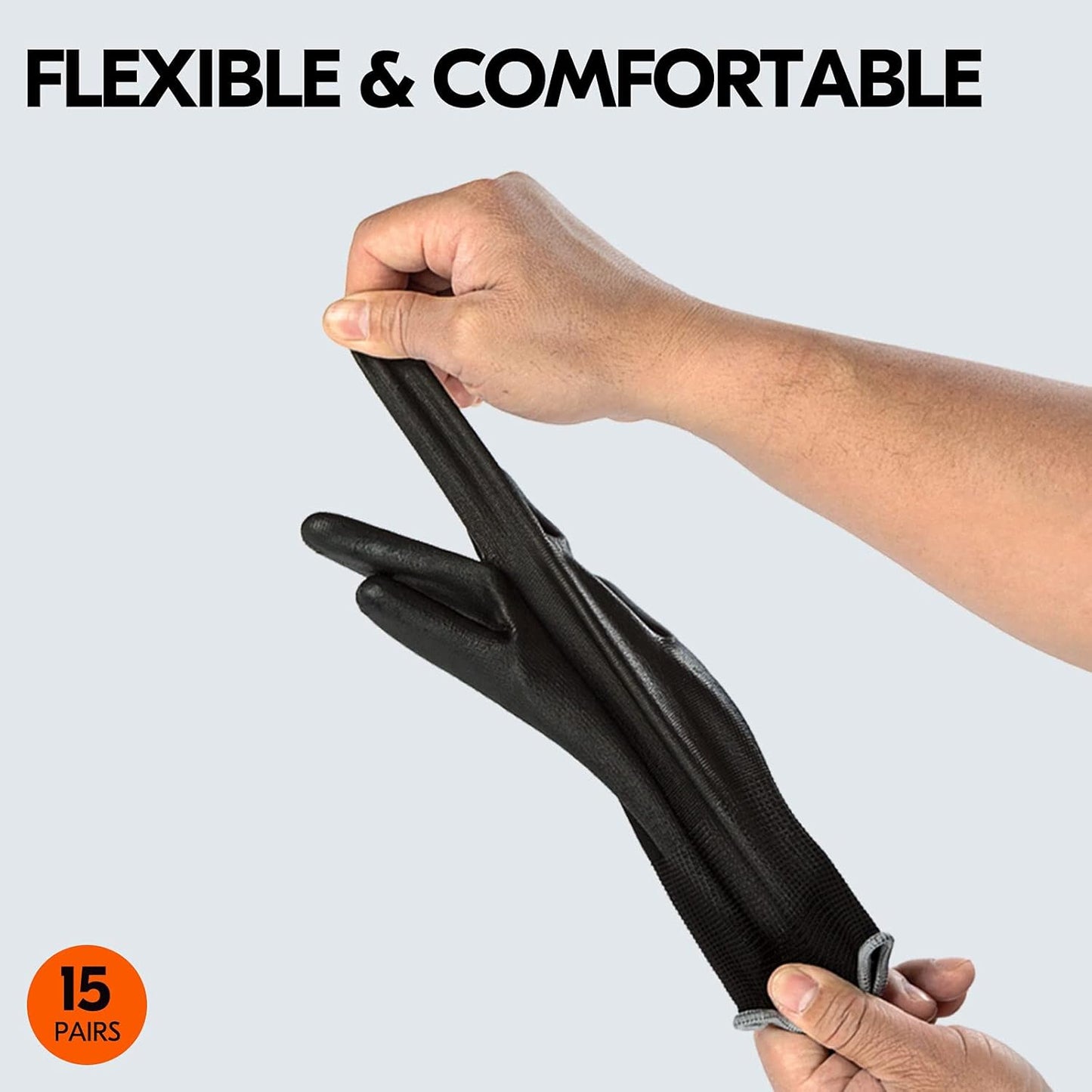 Vgo... 15-Pairs Safety Work Gloves, Gardening Gloves, Polyurethane Coated, Dipping Gloves, Latex Free (Size L, Black, PU2103)