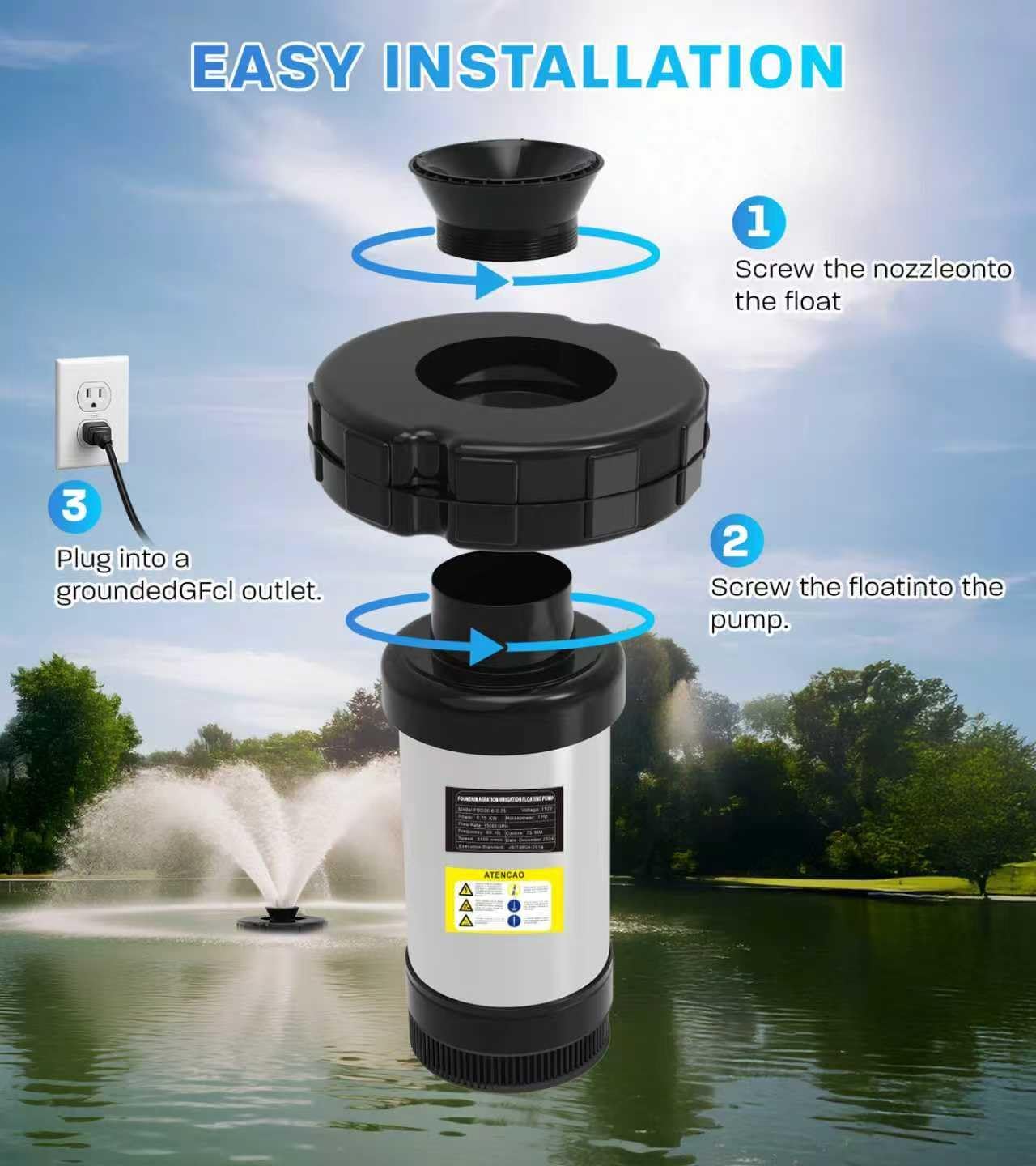 15000 GPH Pond Fountain Aerator, 110V Floating Pond Fountain Pump with Stainless Steel Body, Pond Aerator Pump for Small & Large Ponds and Lakes (Black)