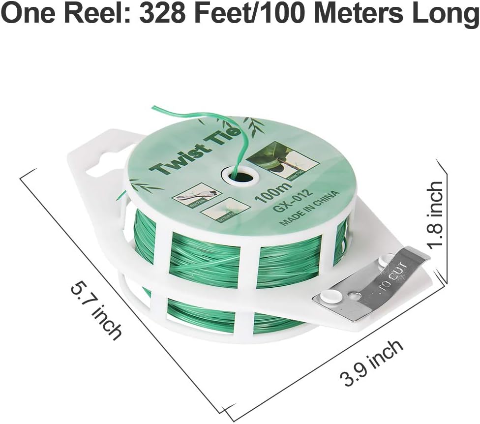 (2 Reels) Garden Wire, Twist Ties Heavy Duty with Cutter 328 Ft Multi-Function Green Coated Tape to Support Plant Tie Up Bags for Home Office (328 Feet / 100 m)