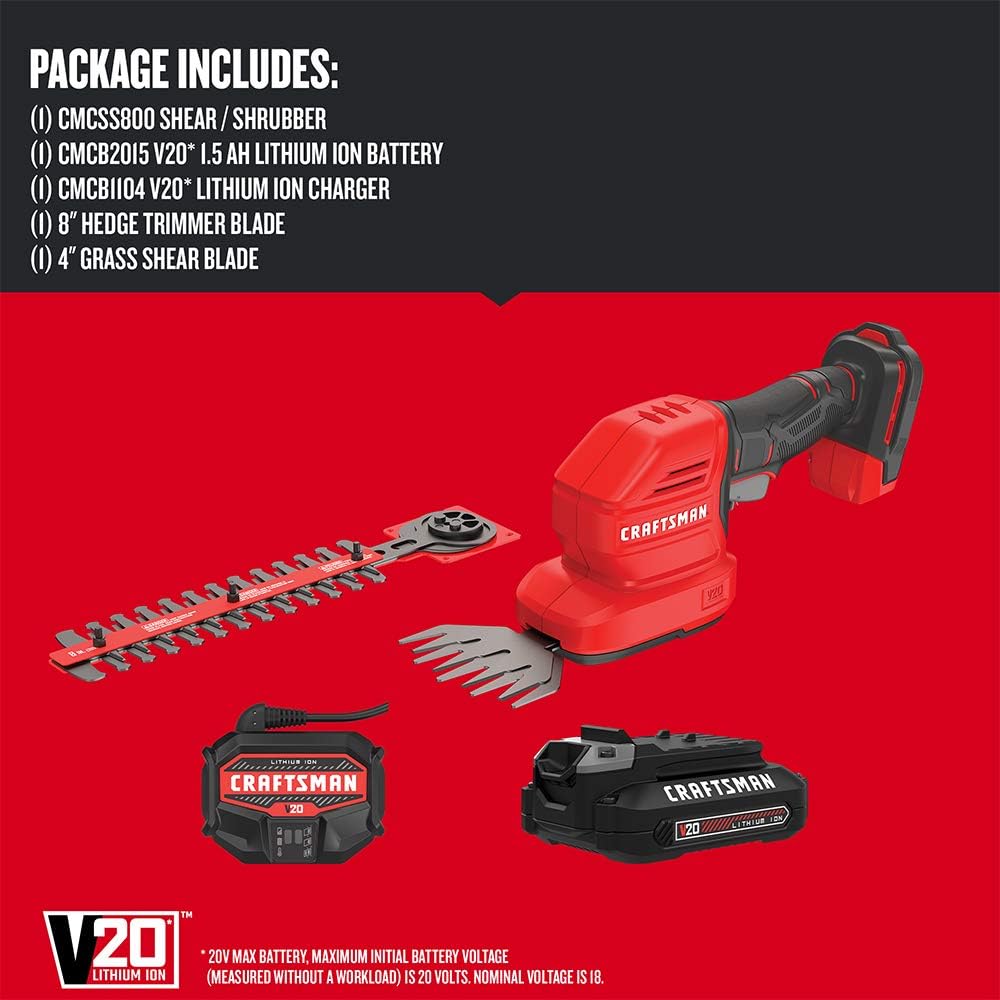 Craftsman V20 Cordless Pole Hedge Trimmer (CMCPHT818D1) and CRAFTSMAN V20 Cordless Handheld Grass Trimmer and Mini Hedge Trimmer Kit (CMCSS800C1)