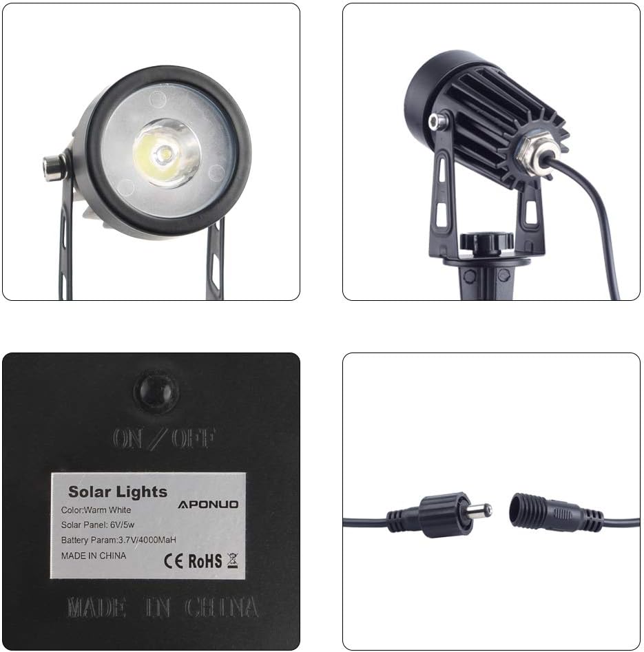 APONUO Metal Solar Spot Lights Outdoor with 9.8ft Cable Solar Powered Landscape Lighting Low Voltage IP65 Waterproof Auto On/Off for Outside Garden Yard Landscape Pathway Garage-Warm White(2-in-1)