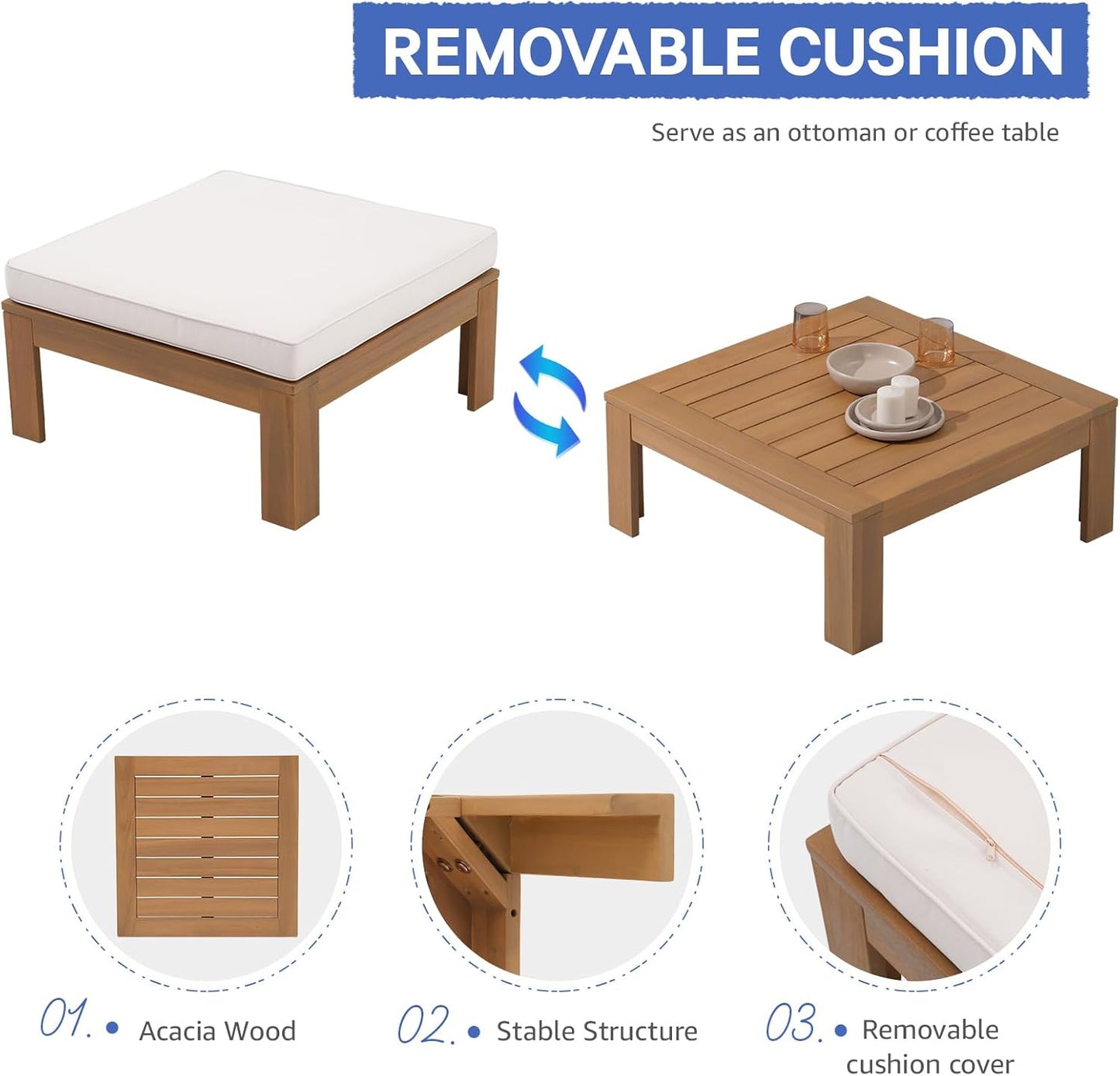 SUNSITT 4 Piece Acacia Wood Patio Furniture Outdoor Sectional Sofa Set with Adjustable Armrest, FSC Certified L-Shaped Patio Set w/2-in-1 Coffee Table, Cream White Cushions for Garden