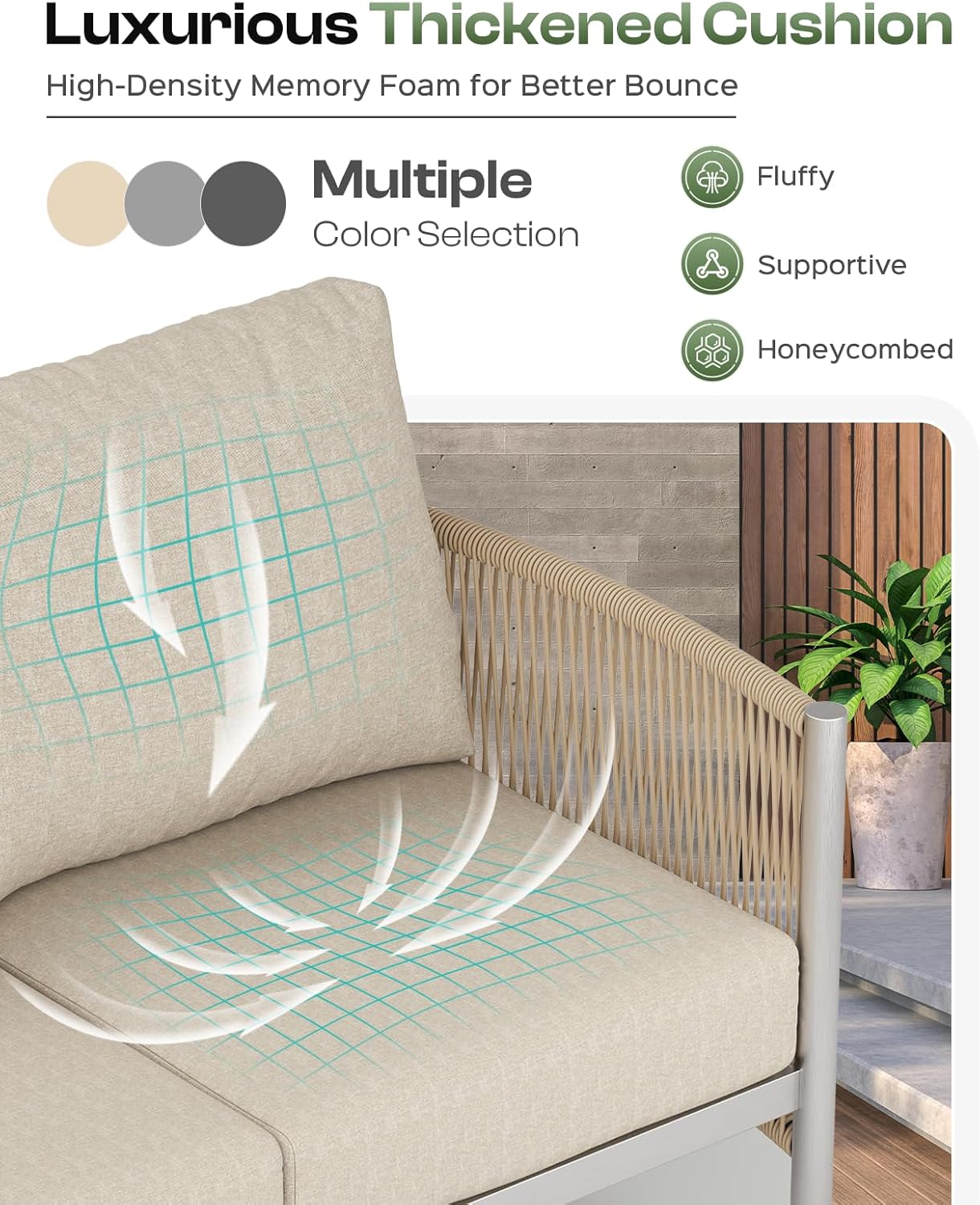 Aluminum Outdoor Sofa Armchair, HDPE Rope Patio Couch with Washable Thick Cushion, All-Weather Outdoor Patio Chairs Set of 2 for Balcony, Yard, Silver Frame, Beige