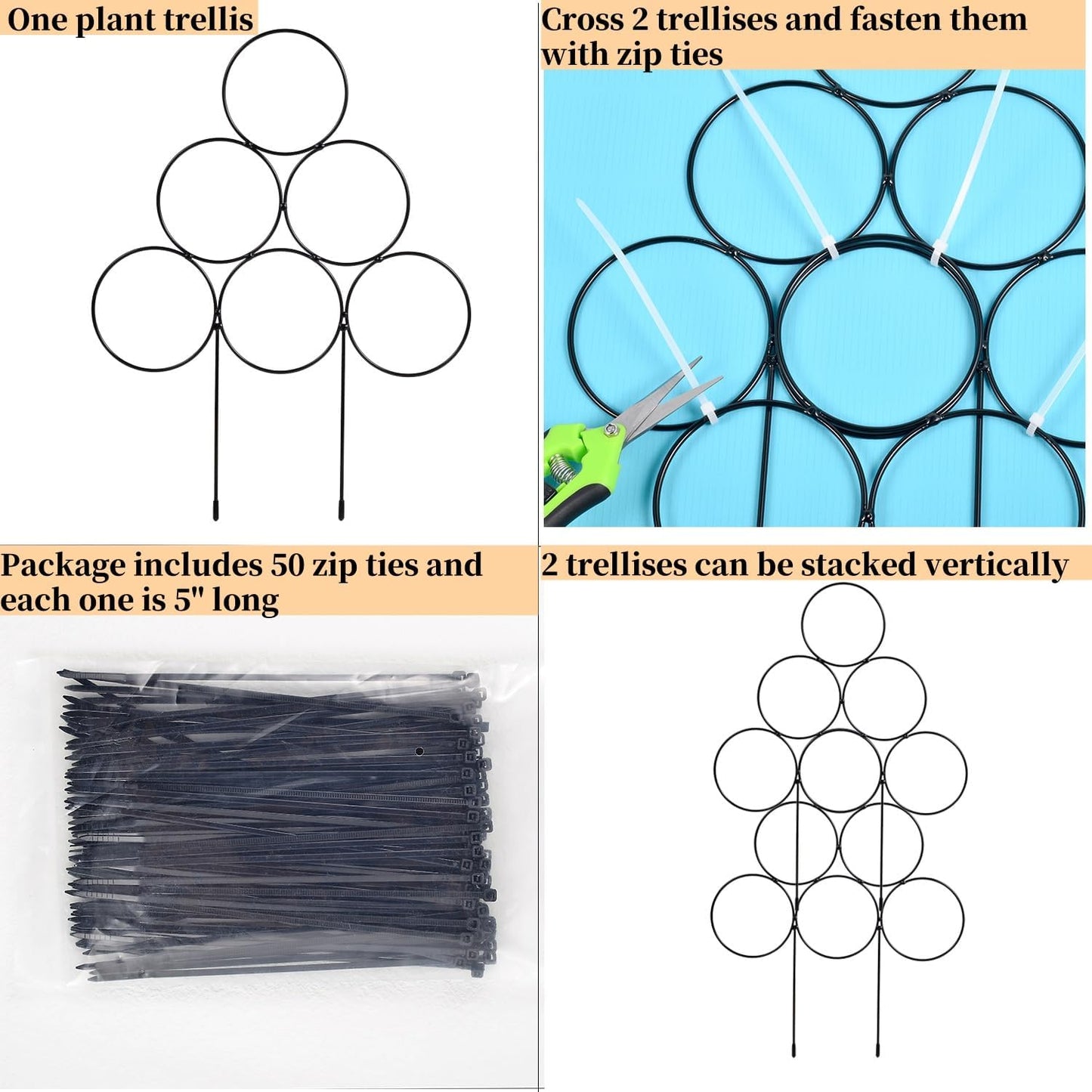 Garden Plant Trellis for Indoor Plants, Stackable Metal Trellis Supports for Climbing Plants or Houseplants, 3 Pack, Black,11.8"(W) x 15.4"(H)