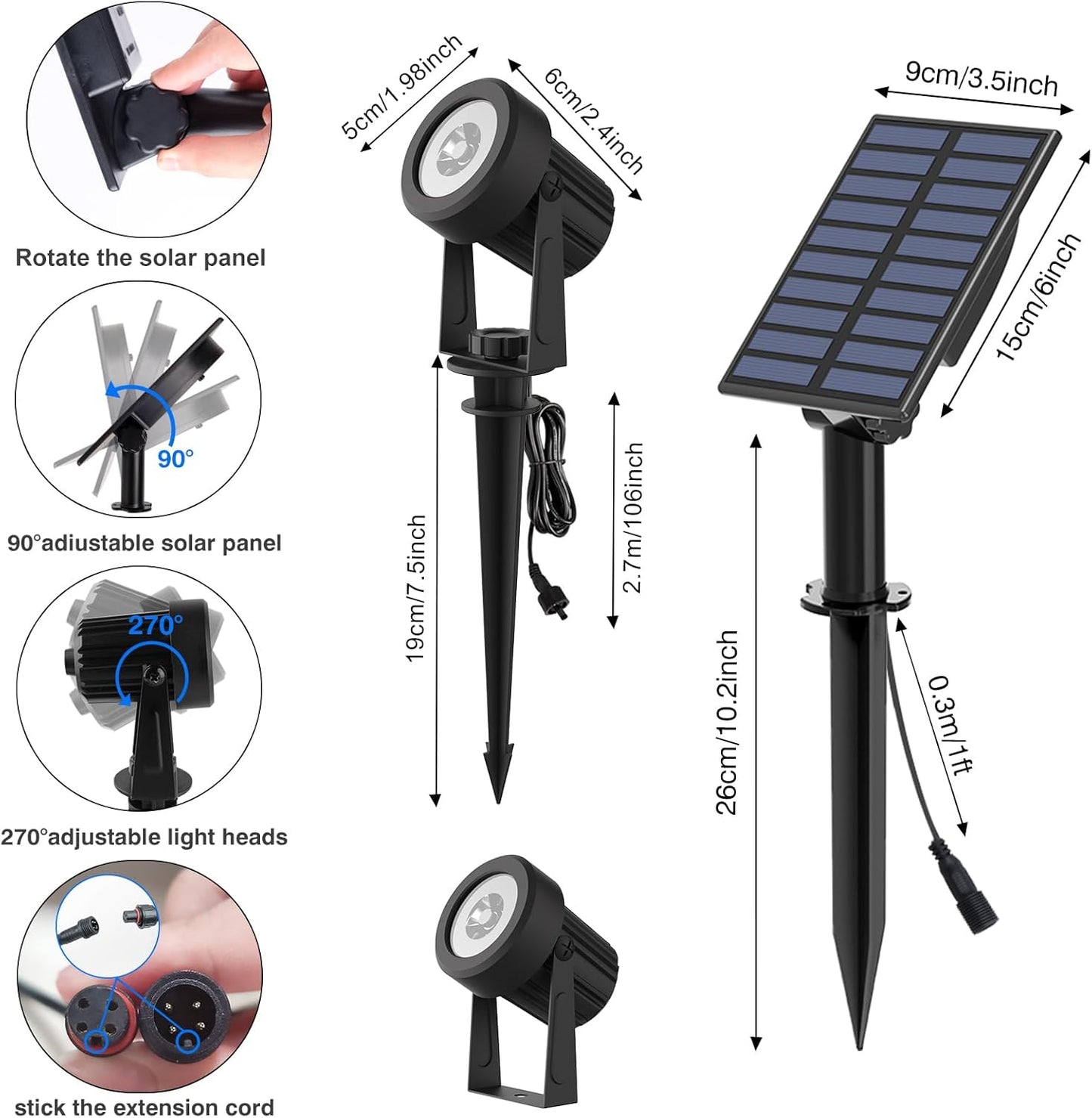 T-SUNUS Halloween Solar Landscape Spotlights 2 Pack Warm White, IP65 Waterproof Spot Lights 9.8ft Cable, Outdoor 3000K Garden Light Separated Panel for Christmas Tree Flag Yard Driveway Walkway Pool