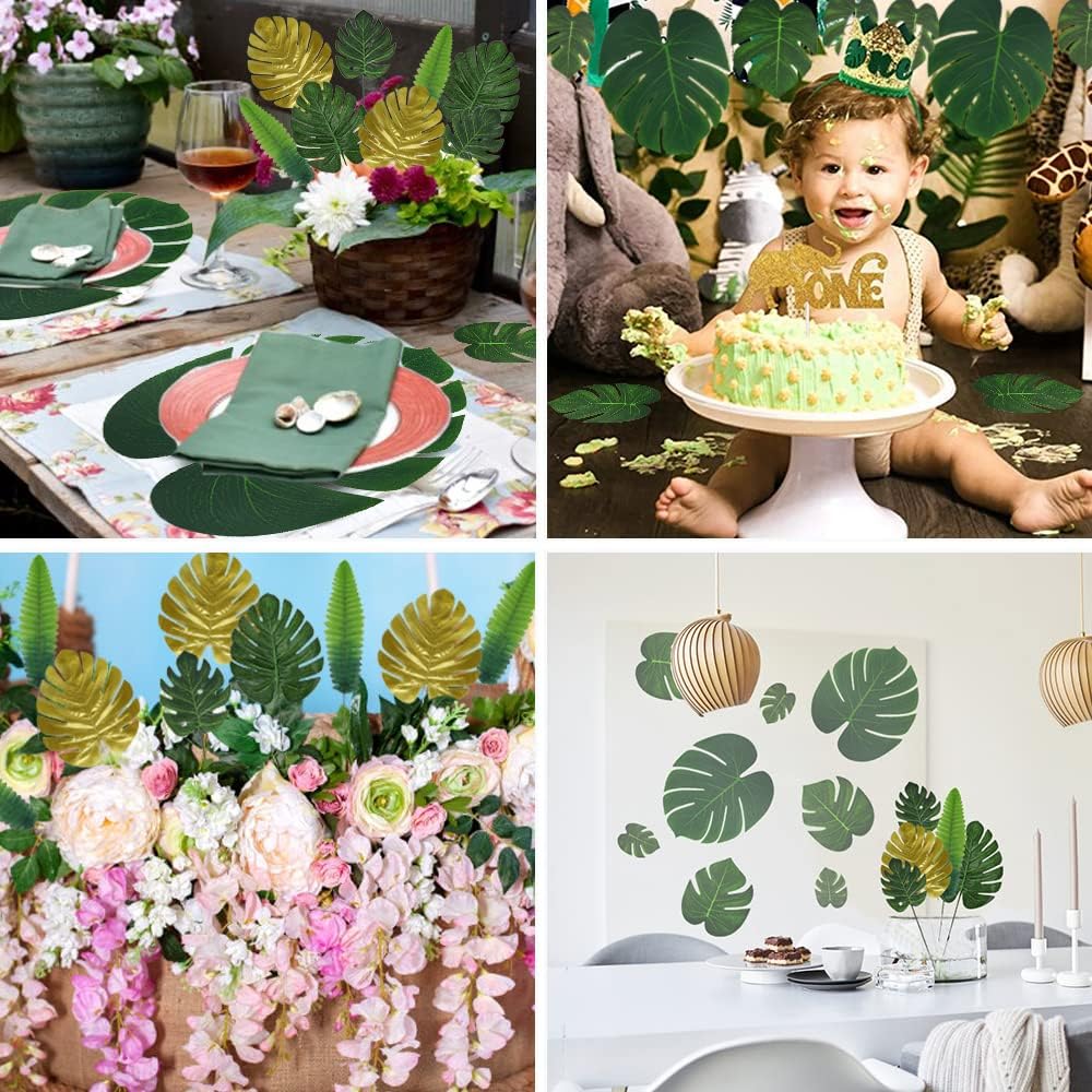 RECUTMS Artificial Tropical Palm Leaves 72Pcs 7 Kinds Green Gold Fake Monstera Leaf with Stem for Safari Jungle Hawaiian Luau Beach Baby Shower Wedding Birthday Party Table Summer Spring Decoration