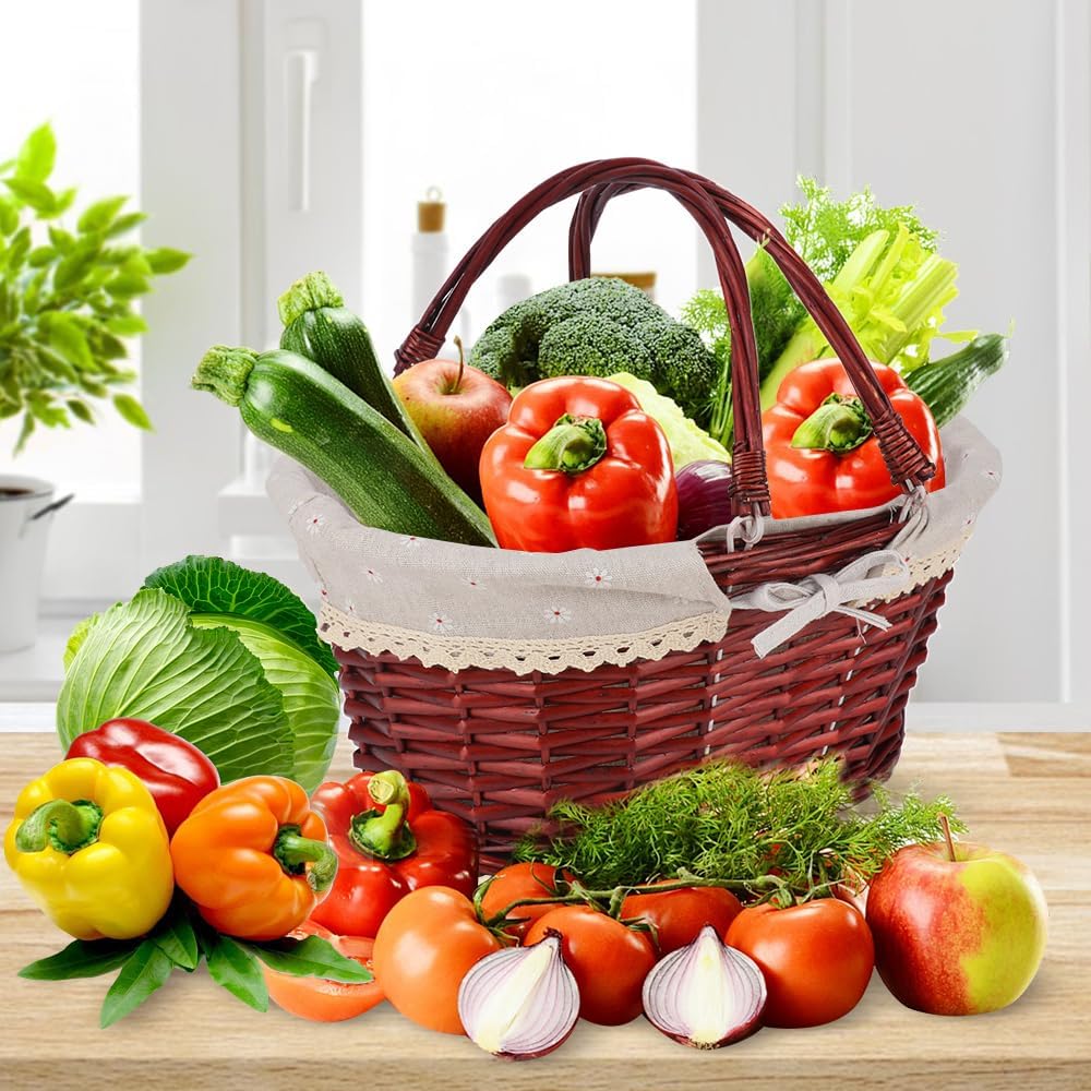 Brown Wicker Basket with Linen Lining, 14 Inch Large Wicker Woven Picnic Basket with Handle for Picnic, Camping, Outdoor Party