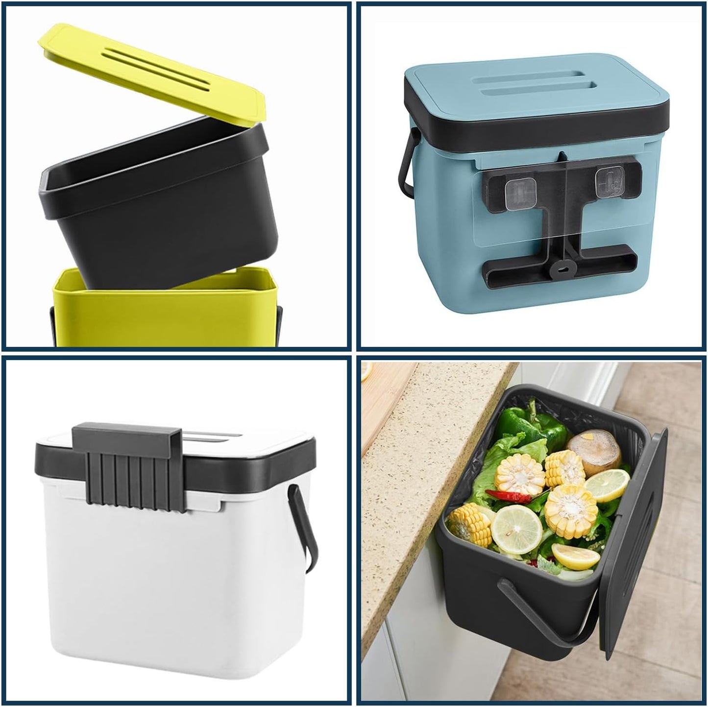 Kitchen Compost Bin Countertop, LALASTAR Hanging Trash Can with Lid for Kitchen Cabinet Door, Wall-Mounted Compost Pail with Colander, 1.8 Gallons, White