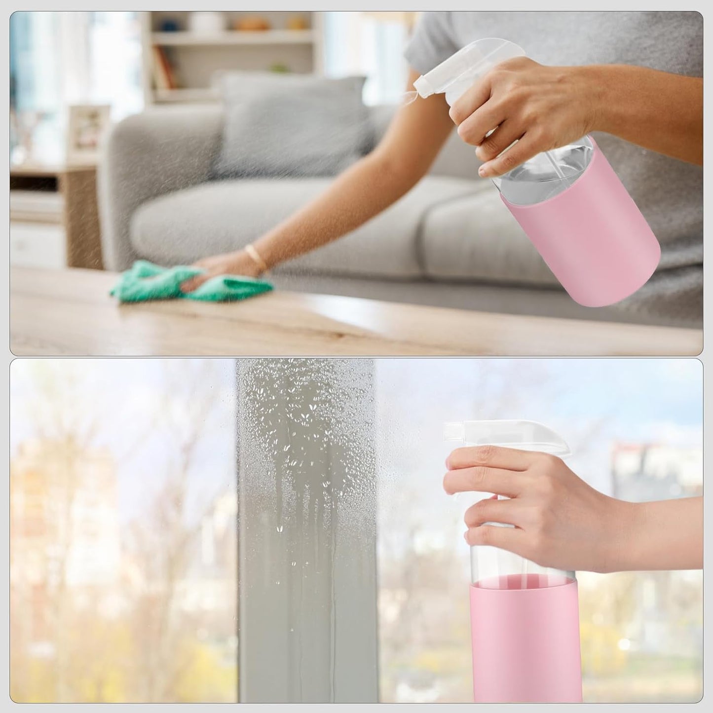 2 Pack Glass Spray Bottles with Long Silicone Sleeve, 16 oz Empty Refillable Containers with Adjustable Spray Nozzles, Spray Bottles for Hair, Cleaning Solutions and Plants Pink&White