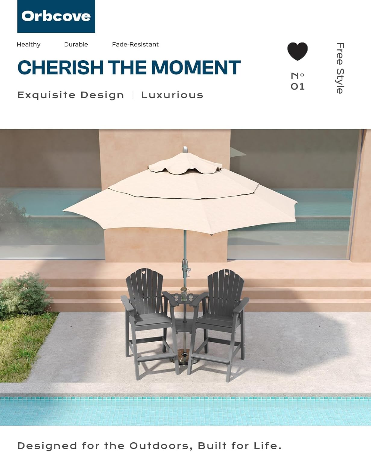 Tall Adirondack Chairs Set of 2 with Double Layer Connecting Table, HDPE Bar Height Outdoor Table and Chairs with Umbrella Hole, All Weather Outdoor Bar Stools for Patio, Deck, Backyard (Grey)