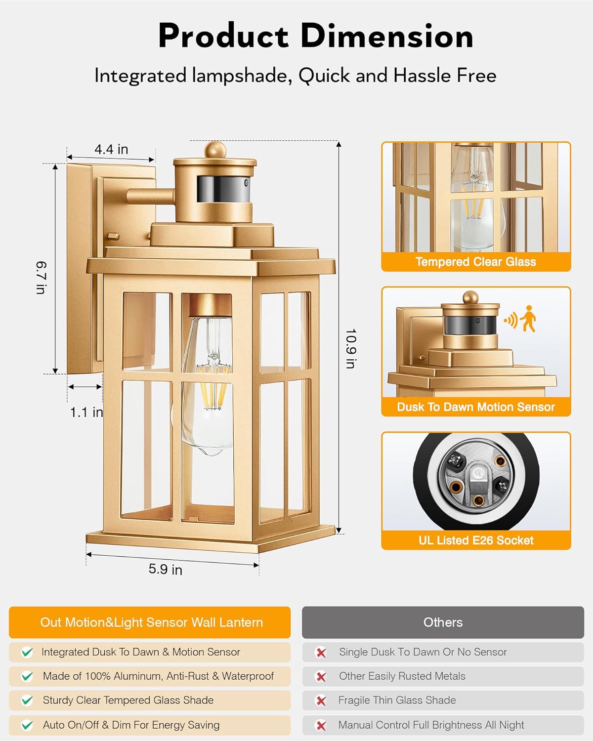 Gold Motion Sensor Outdoor Lights, Waterproof Exterior Lighting Fixtures, Aluminum Modern Outdoor Wall Lights Exterior, Transparent Glass Outdoor Porch Lights for House, Garden, Yard, E26 Base