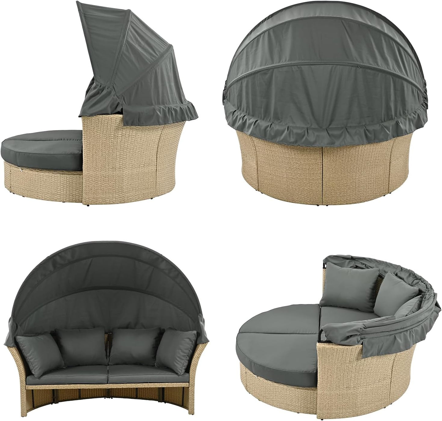 kevinplus Round Outdoor Daybed Patio Sunbed, Convertible Wicker Rattan Outdoor Daybed Sunbed with Retractable Canopy for Garden Backyard Porch Poolside, Gray