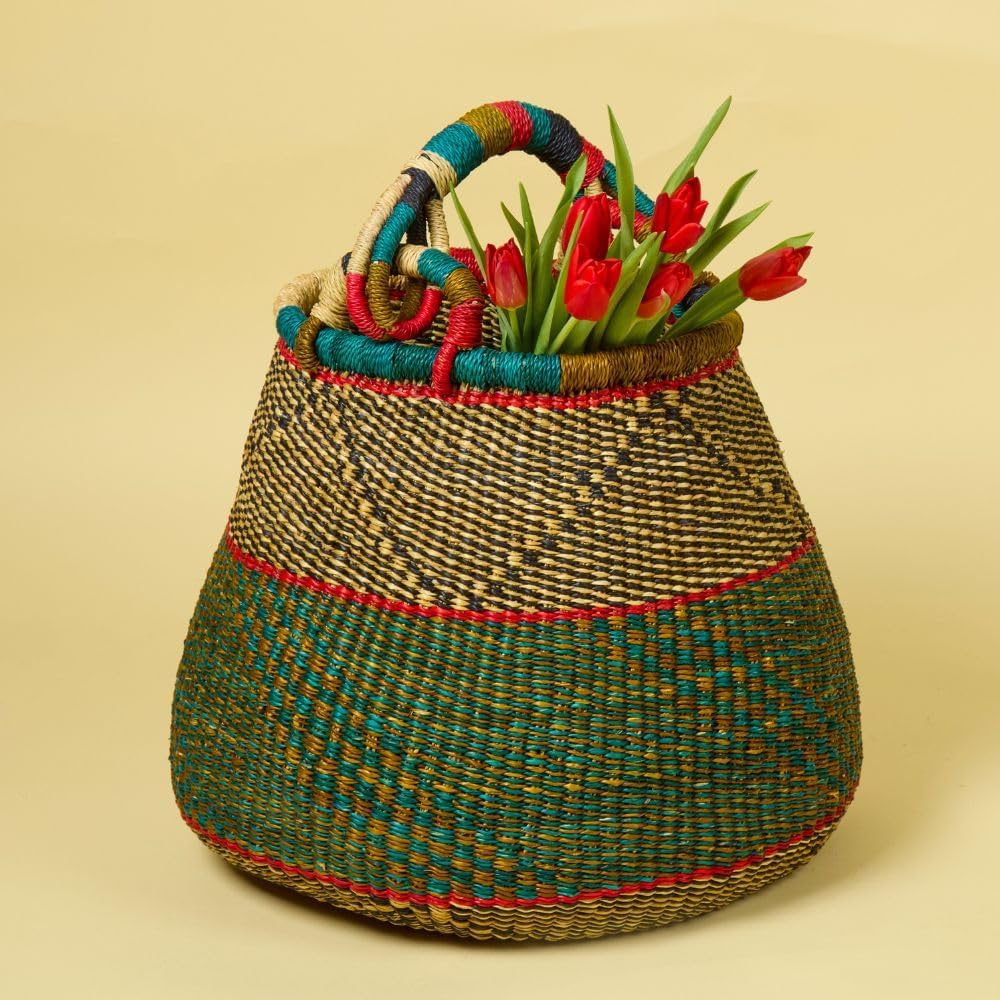 Home & Kitchen Decor, Wicker Basket, Picnic Basket, Living Room Basket, Organizing, Harvesting, Foraging, Fruit Storage, Hand Woven, Pot Shape, 16" Wide, Boho - Dark Green, Red