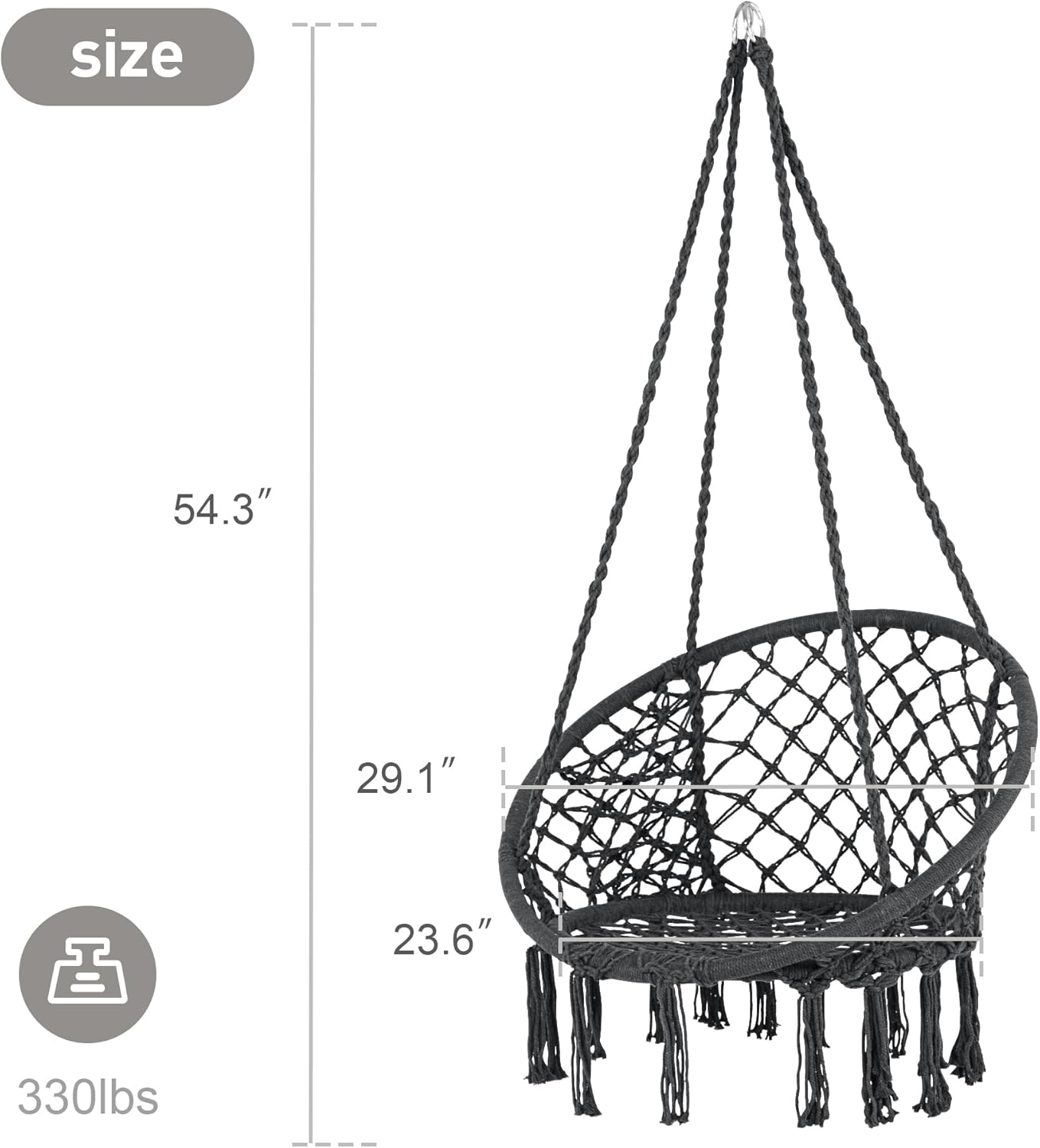 SUNCREAT Hammock Chair Hanging Macrame Swing with Hardware Kits, Max 330 Lbs, Handmade Knitted Mesh Rope Swing Chair for Indoor, Outdoor, Bedroom, Patio, Yard, Deck, Garden, Grey
