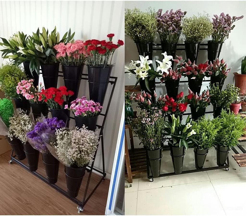 Flower Display Stand, 3-Layer Heavy-Duty Mobile Plant Cart shelve with Wheels, with Plastic Buckets, Easy to Install, Suitable for Indoor and Outdoor Balcony Courtyard Garden Art Exhibitions
