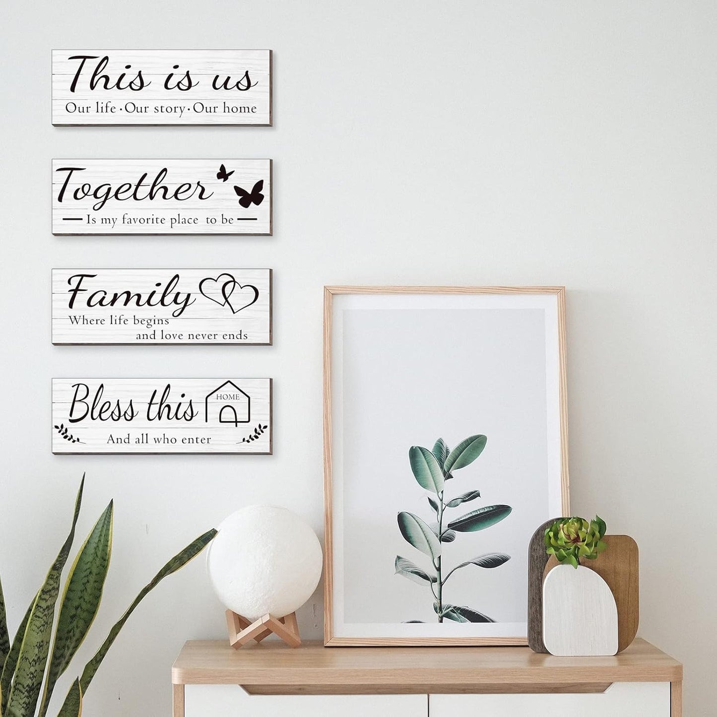 4 Pieces Wooden Home Wall Art Decor, Rustic, Farmhouse THIS IS US/TOGETHER/BLESS THIS HOME/FAMILY Decor Signs For Living Room Bedroom, 4.7 x 13.8 Inch(White)