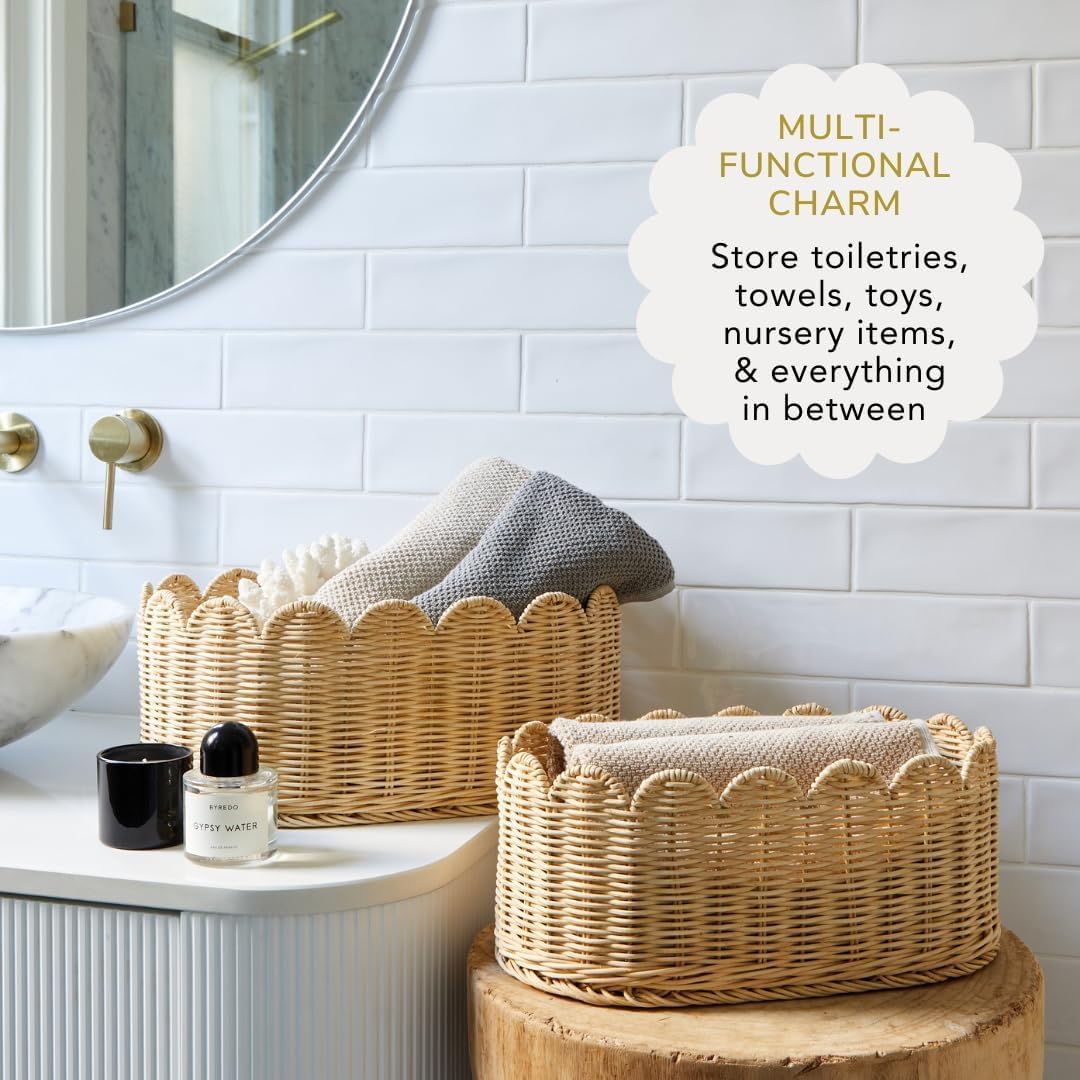 BEBE BASK Premium Scalloped Basket Set Of 2 - Scallop Basket - 16 x 10 x 7 Inch - Hand-Woven Elegant Wicker With Scalloped Edge - Nursery Storage (Natural)