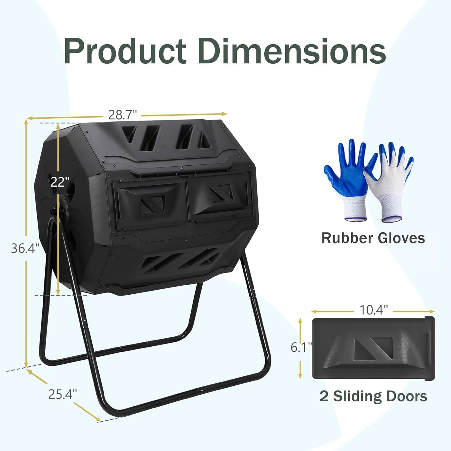 F2C Compost Bin Outdoor 43 Gallon Garden Dual Chamber Composter Bin - Bundled with Pearson's Gardening Gloves,BPA Free, Heavy-Duty Steel Frame, Rotating Tumbler with Sliding Doors | (Black)