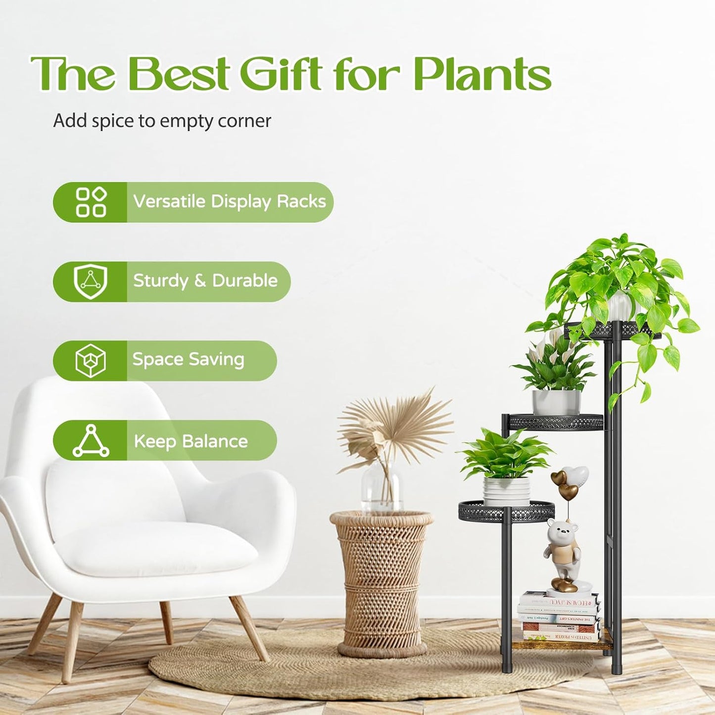 Plant Stand Indoor Outdoor, 4 Tier Metal Flower Pot Shelf Holder Clearance, Tall Corner Rack for Multiple Plants, Modern Organizer Display for Patio Orchid Office Porch Living Room Garden, Black