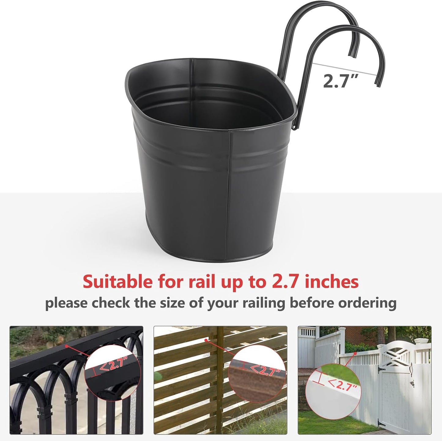 Dahey Metal Iron Hanging Flower Pots for Railing Fence Hanging Bucket Pots Countryside Style Outdoor Planter Window Flower Plant Holder with Detachable Hooks Home Decor, Black,4 Pcs