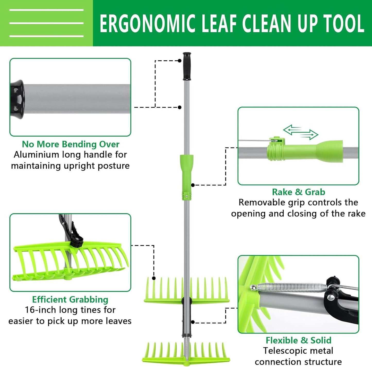 2-in-1 Leaf Grabber Rake Back Saving, Ergonomic Leaf Scoops Claws with Long Handle, Efficient Leaf Picker Upper Grabber Shovel for Yard Work Lawns Clean Up, Easy Pick Up Leaves No More Bending Over