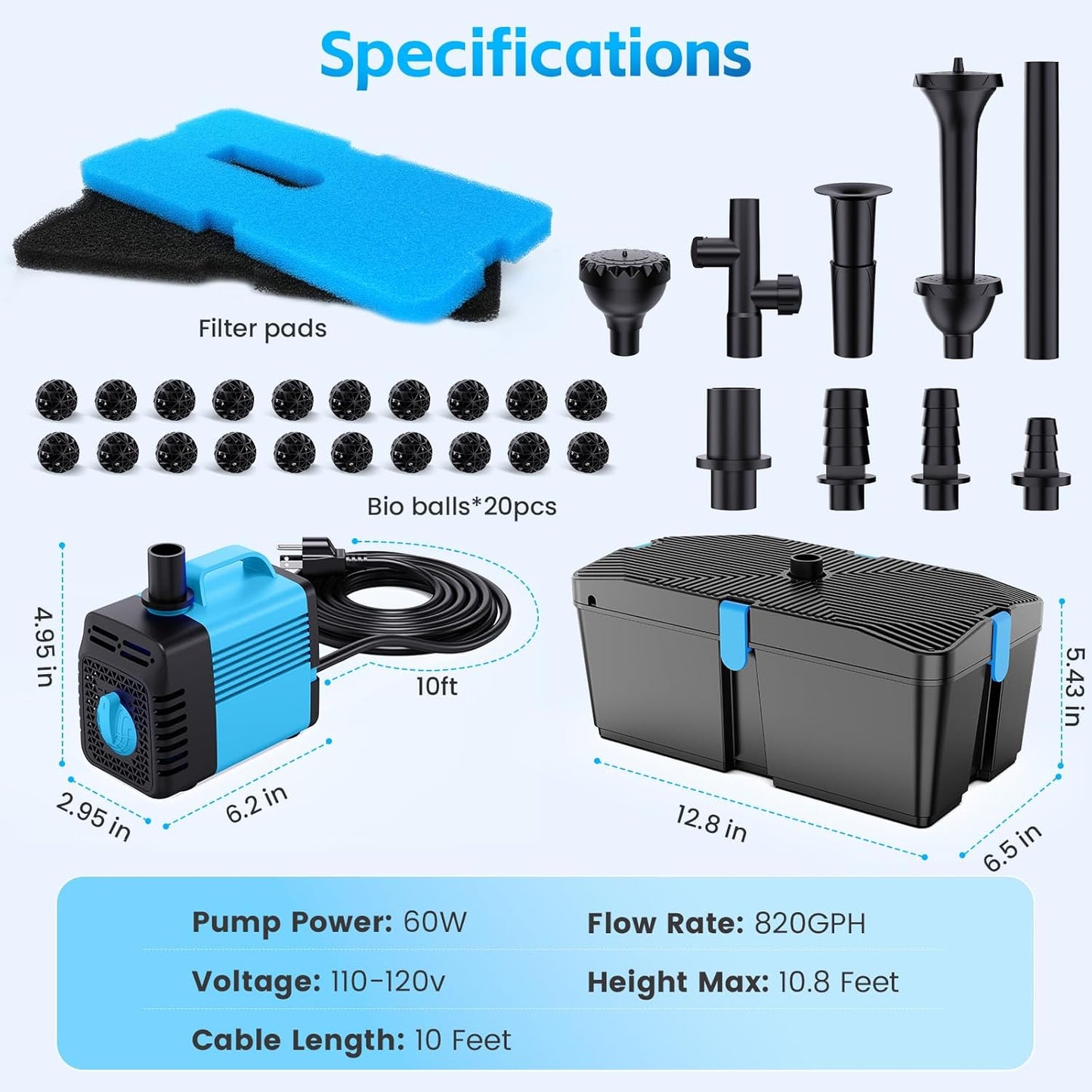 Pond Filters for Outdoor Ponds, 820 GPH Pond Filter with Fountain Pump Kits, 60W Pond Pump and Filter Kit for Koi Pond Clean, Garden Fountains, Waterfall