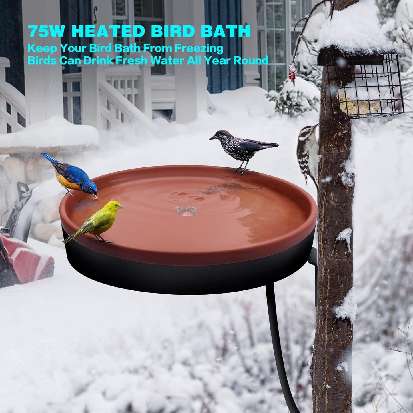 Heated Bird Bath for Outdoors for Winter, 3 Easy Ways to Mount Detachable Bird Bath Bowl, 75W Heated Bird Baths with Thermostatically Controlled for Garden Yard Patio Lawn, Terracotta