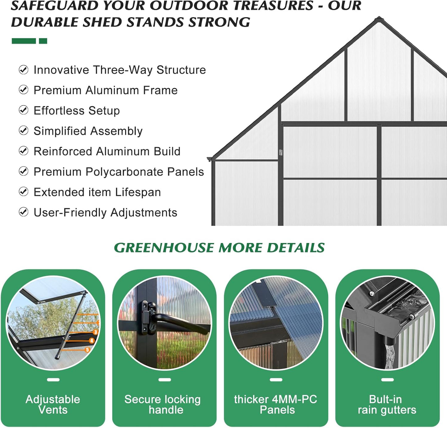 10'x10'x36' Snap-Together Greenhouse - Easy 3-Way Connectors, Heavy-Duty Aluminum Frame, Wind/Snow Resistant for Gardening/Urban Farming, Includes Sliding Door & Ventilation Windows