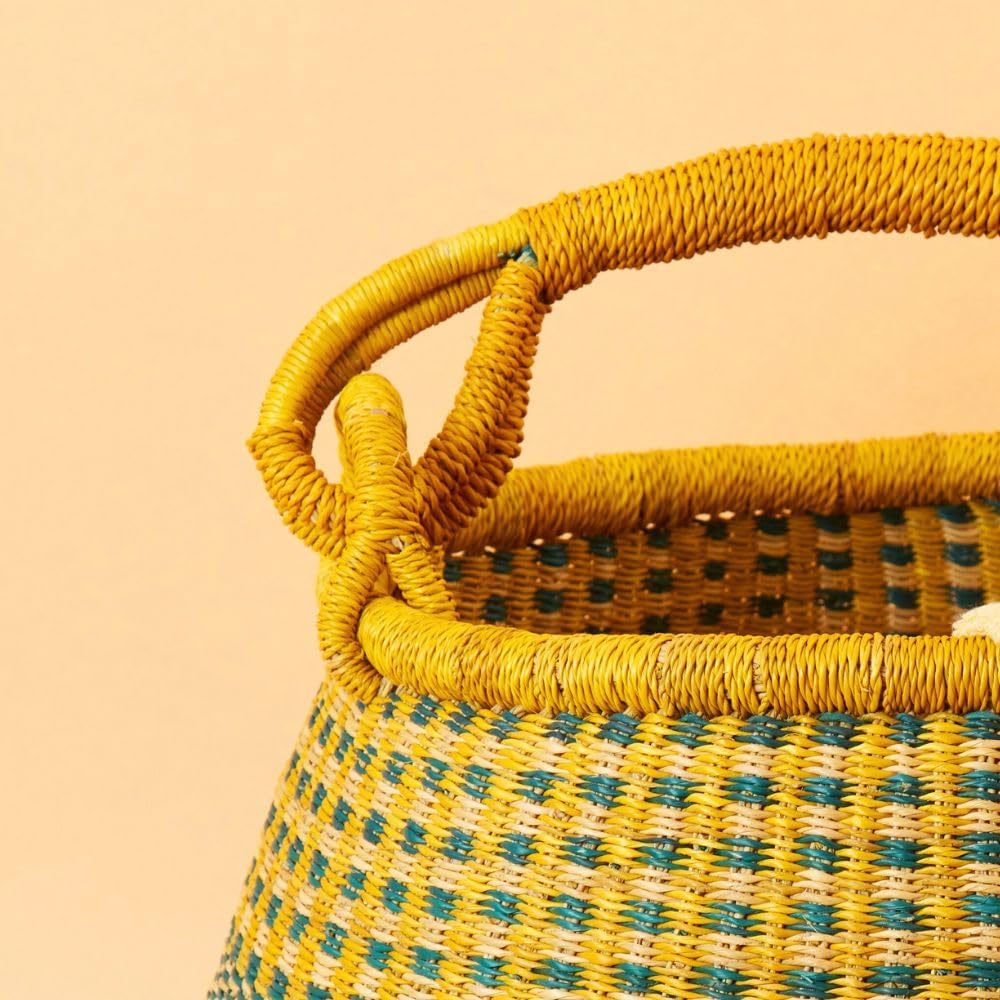 Home & Kitchen Decor, Wicker Basket, Picnic Basket, Living Room Basket, Organizing, Harvesting, Foraging, Fruit Storage, Hand Woven, Pot Shape, 16" Wide, Boho - Yellow Teal