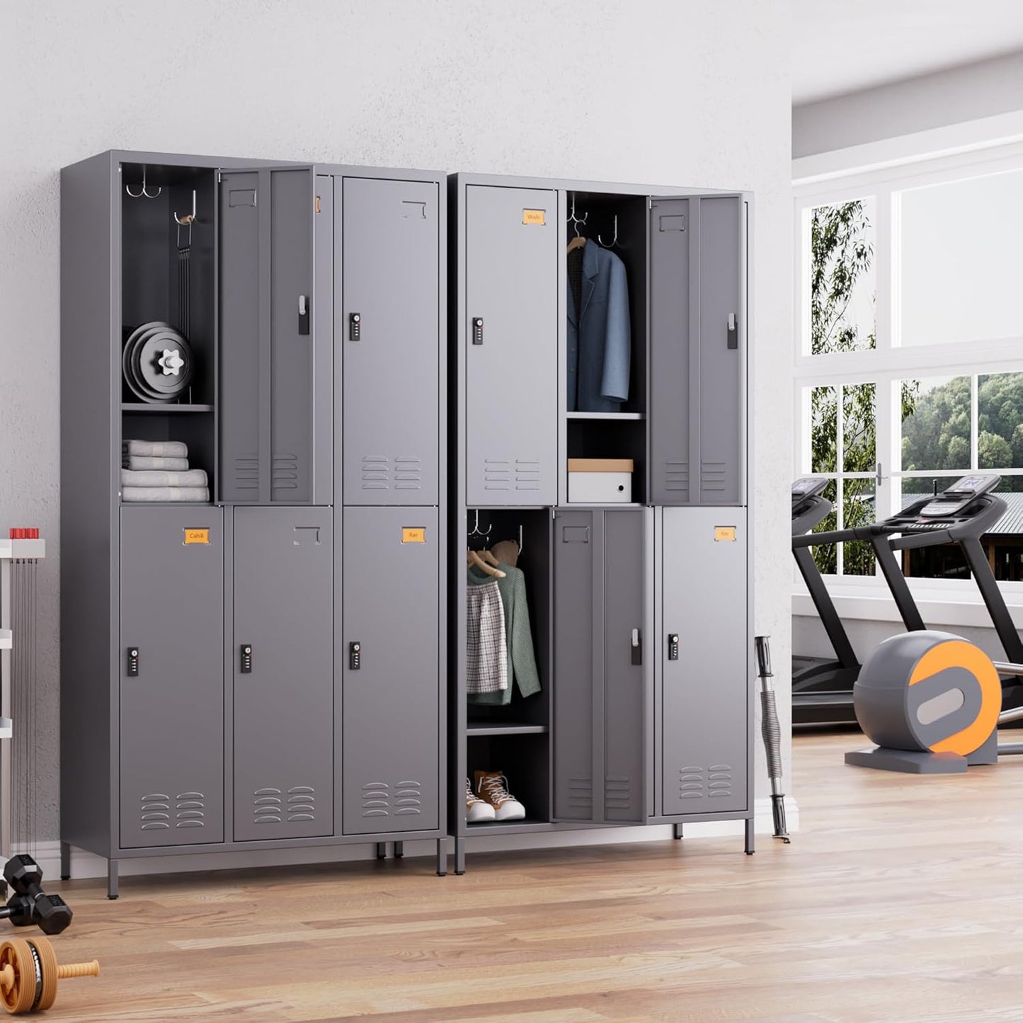 6 Doors Metal Lockers for Employees with Combination Locks and 6 Shelves, Storage Locker with 18 Hooks and Business Card Holder for Office Gym School Bedroom, Assembly Required, Dark Gray