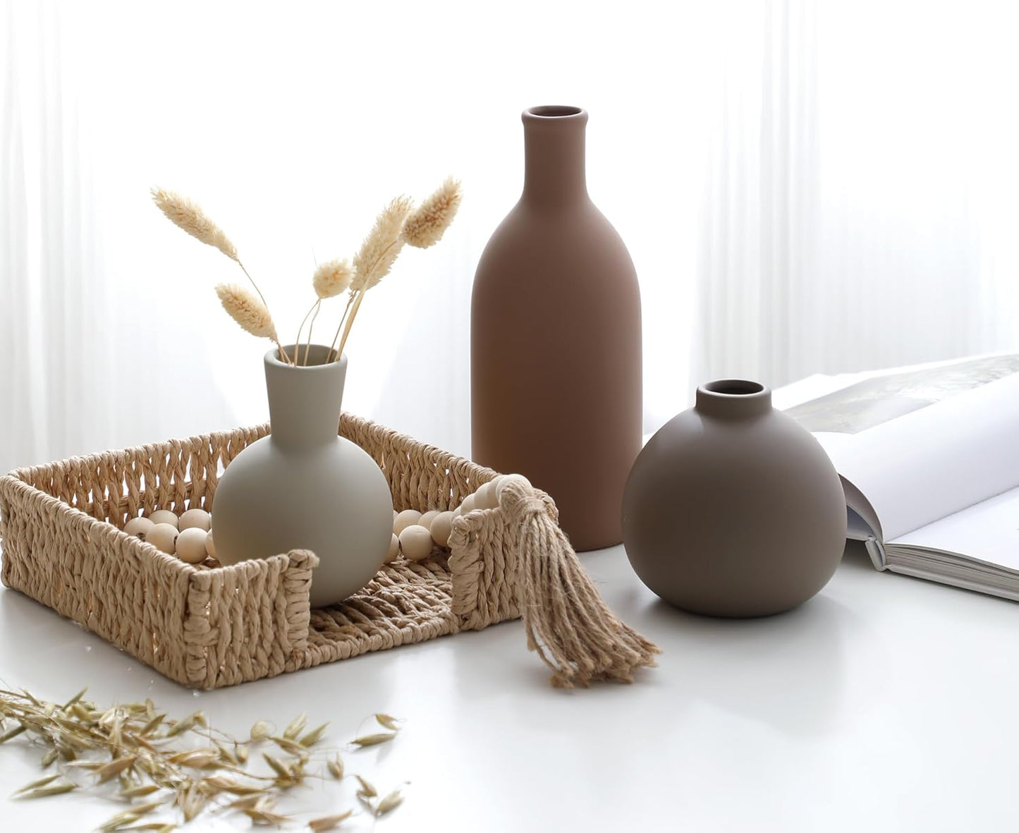 Ceramic Vase Set of 3, Vases Home Decor Rustic Farmhouse Decorative Vase Pottery Vases for Bouquet Pampas Grass Dried Fresh Flowers, Table Living Room Kitchen Bedroom Bathroom - Brown