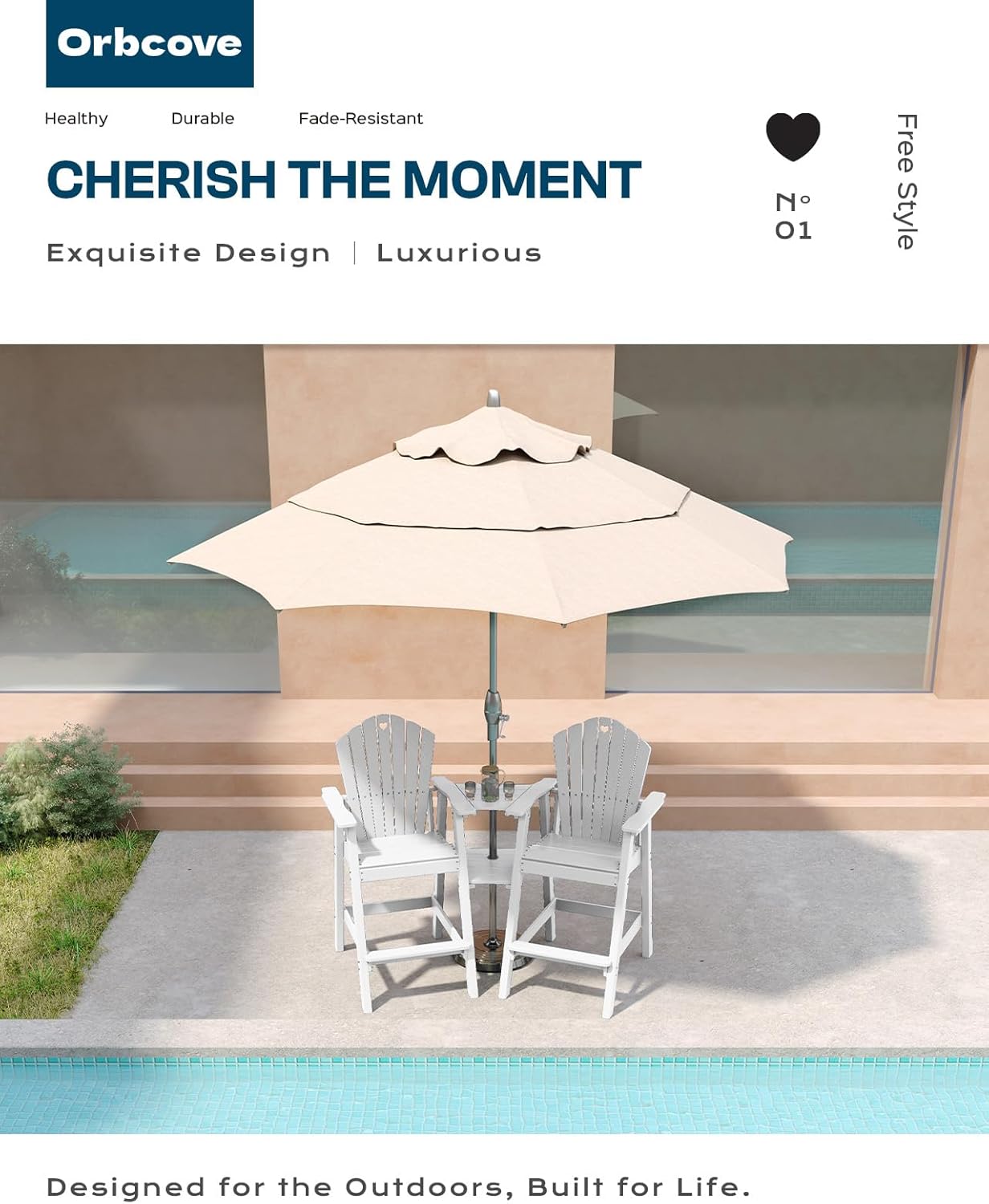 Tall Adirondack Chairs Set of 2 with 2-Layer Connecting Table, HDPE Bar Height Outdoor Table and Chairs with Umbrella Hole, All Weather Outdoor Bar Stools for Patio, Deck, Yard (White)