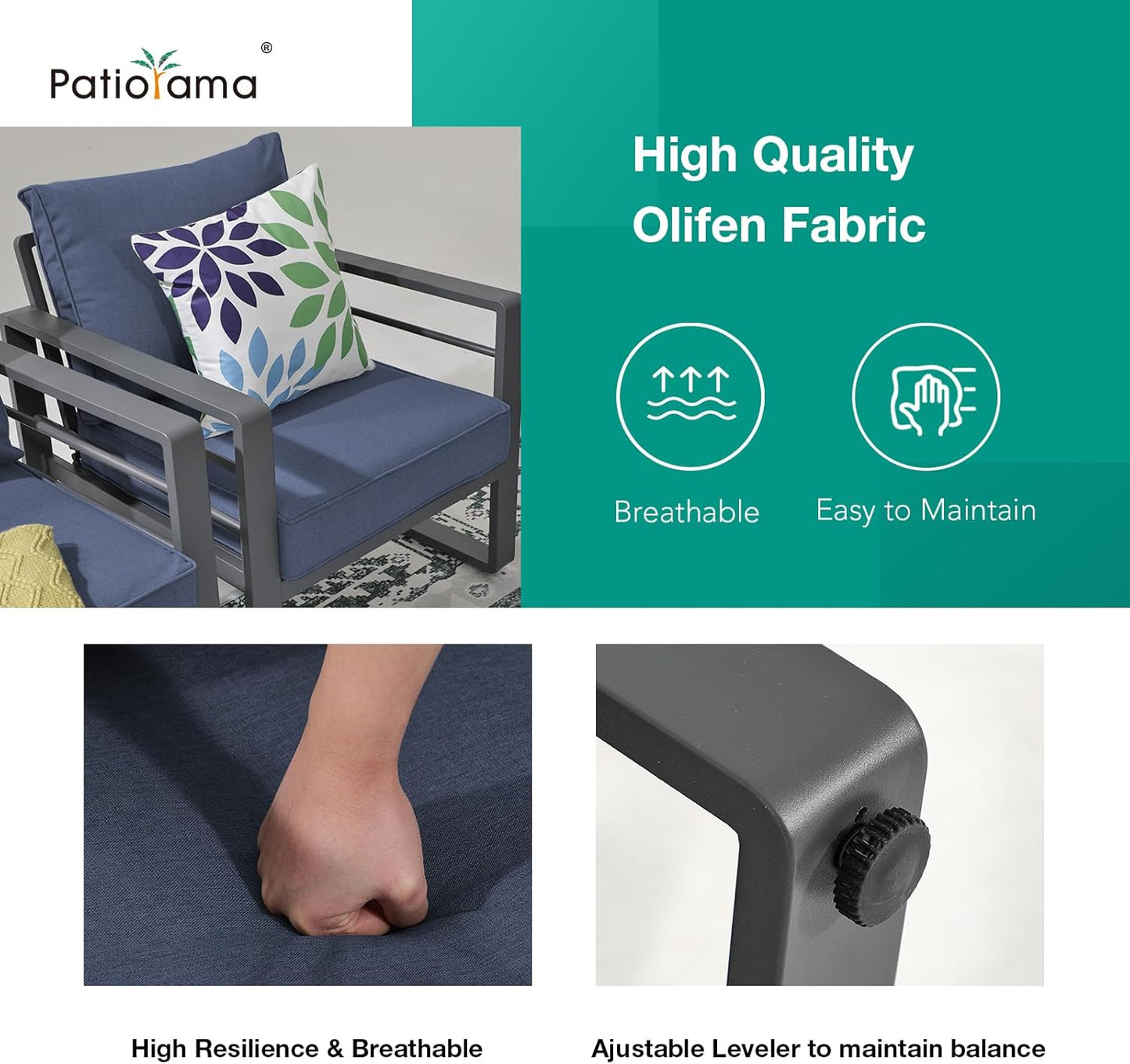 Patiorama Aluminum Patio Furniture Set, 4 PCS Modern Patio Conversation Set, All Weather Dark Grey Outdoor Sectional Sofa Set w/Table, 3-Seater Sofa, Superior Olefin Cushion, Garden-Blue Cushion