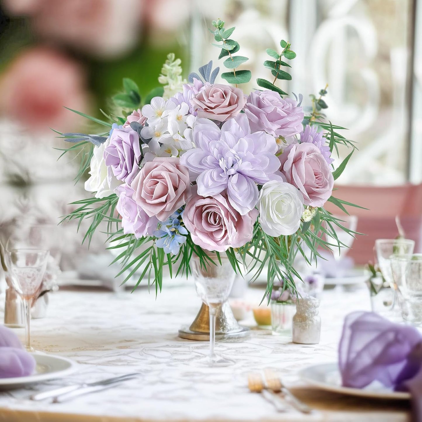 AGIRL Rose Artificial Flowers Combo Fake Flowers Purple White Silk Flowers Fake Floral Arrangements Cake Flowers for DIY Wedding Bouquets Centerpieces Table Decor Baby Shower Home Decor