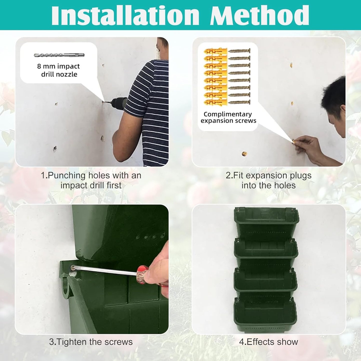 Vertical Wall Planter, 4 Packs Self Watering Wall Planters for Indoor with 3 Pcs Garden Tool Set Vertical Planter Tower for Strawberries Flowers Herbs, 12.9''x5.5'' x26.7''