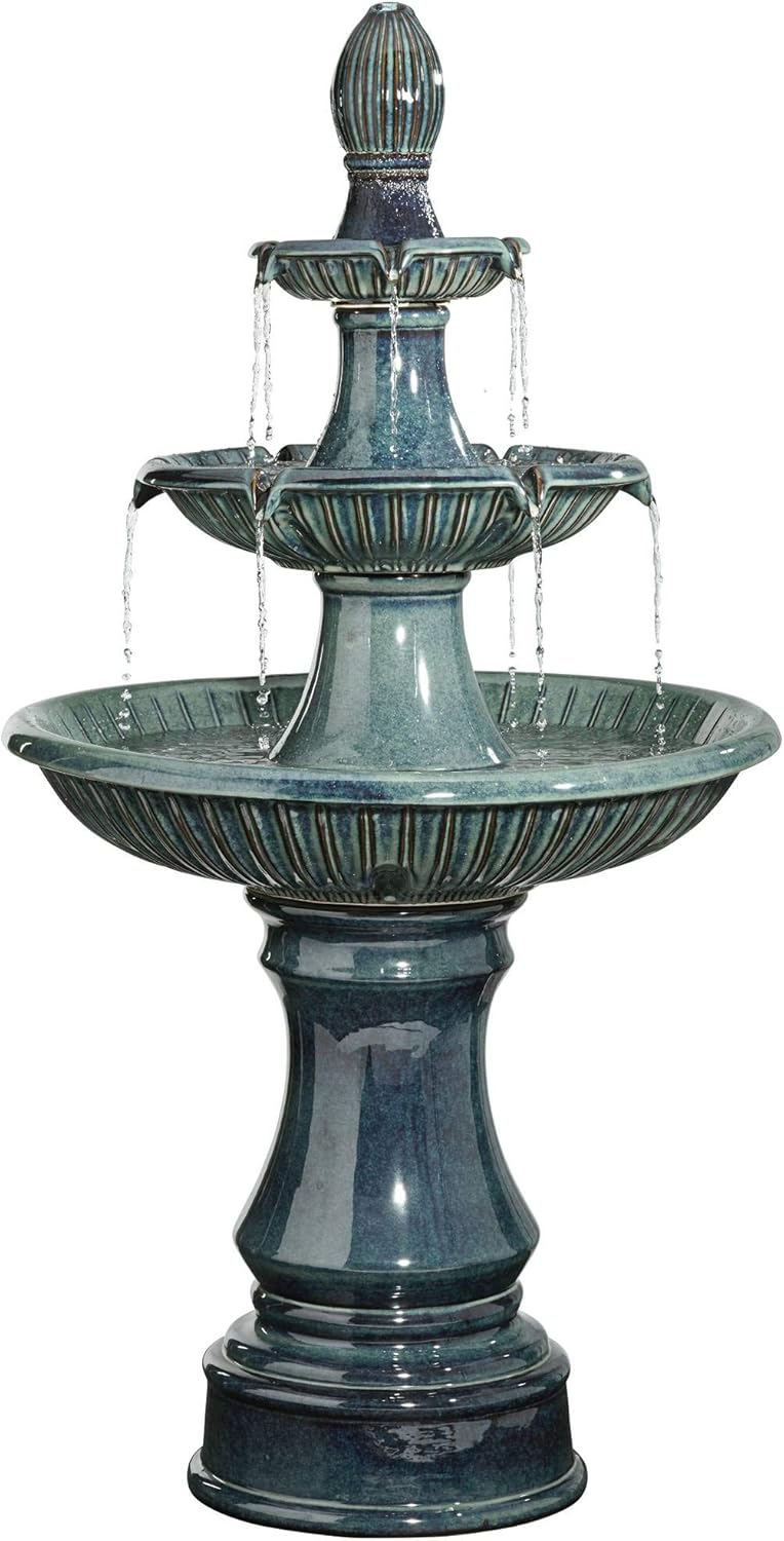 Formentera 46" High Large Italian Indoor Outdoor Decor Teal Blue Ceramic Floor Fountain with Light LED Waterfall 3-Tier Standing Water Feature for Outside Garden Patio Yard Backyard - John Timberland