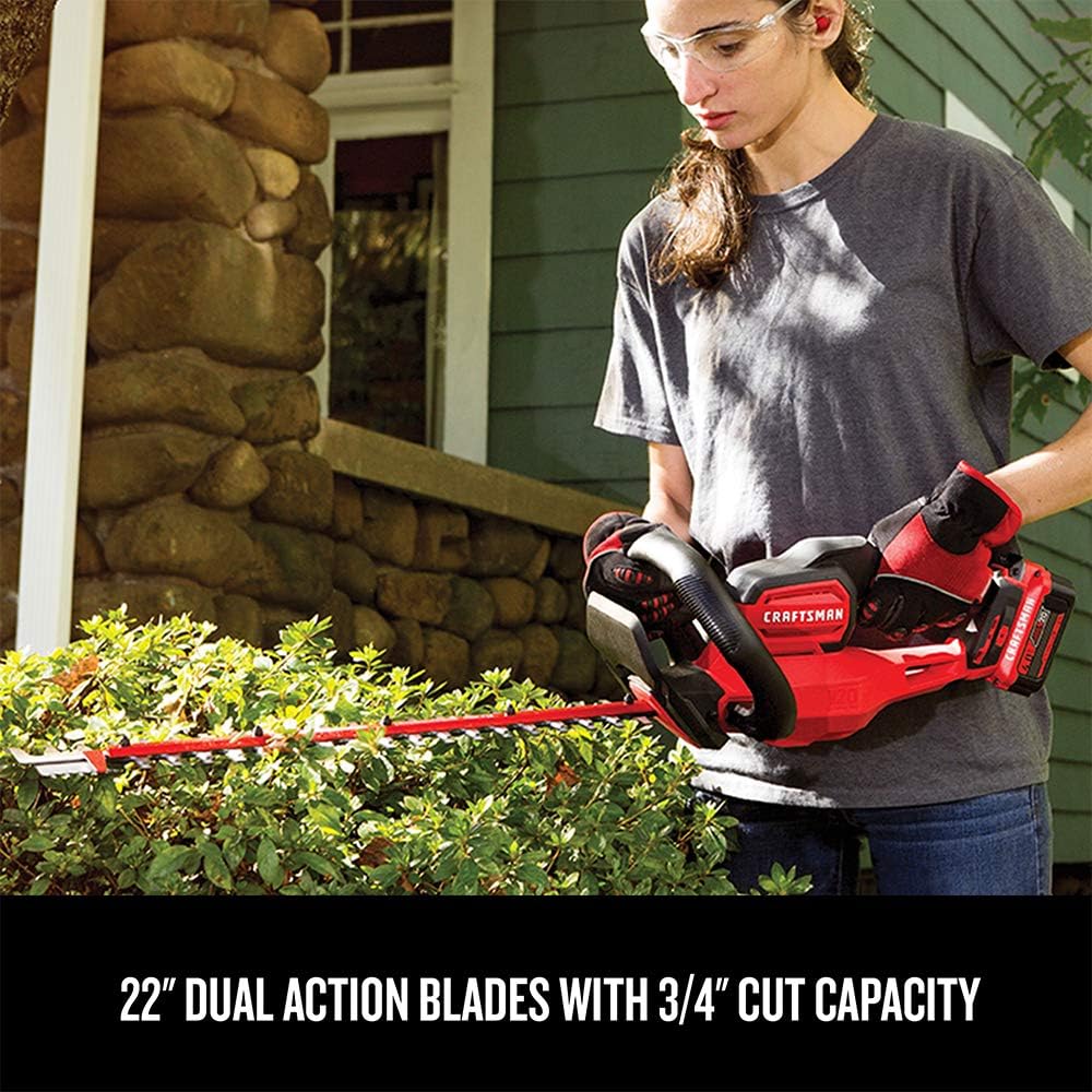 CRAFTSMAN V20 Cordless Hedge Trimmer, 22" with POWERSAW Branch Cutter, Battery and Charger Included (CMCHTS820D1)