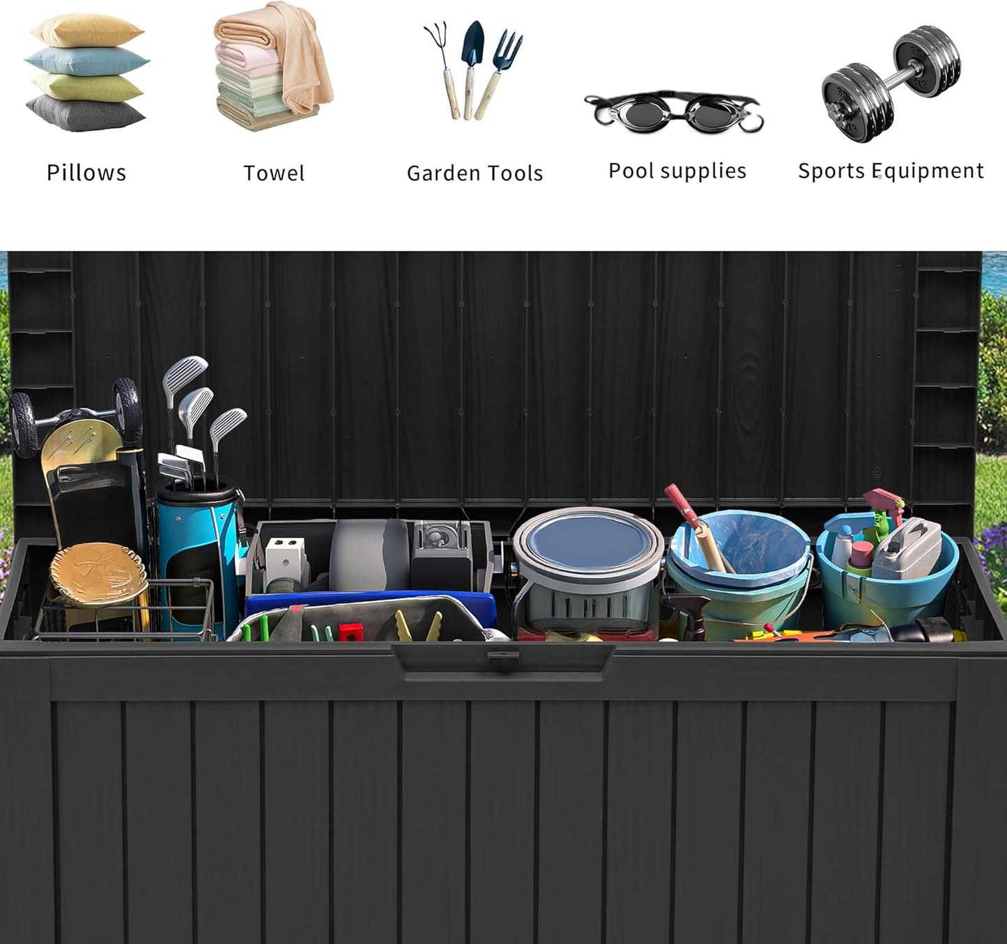 YITAHOME 72 Gallon Outdoor Resin Deck Box with Wheels, Pool Storage Box for Outdoor Cushions, Sports Equipment, Garden Tools, Black