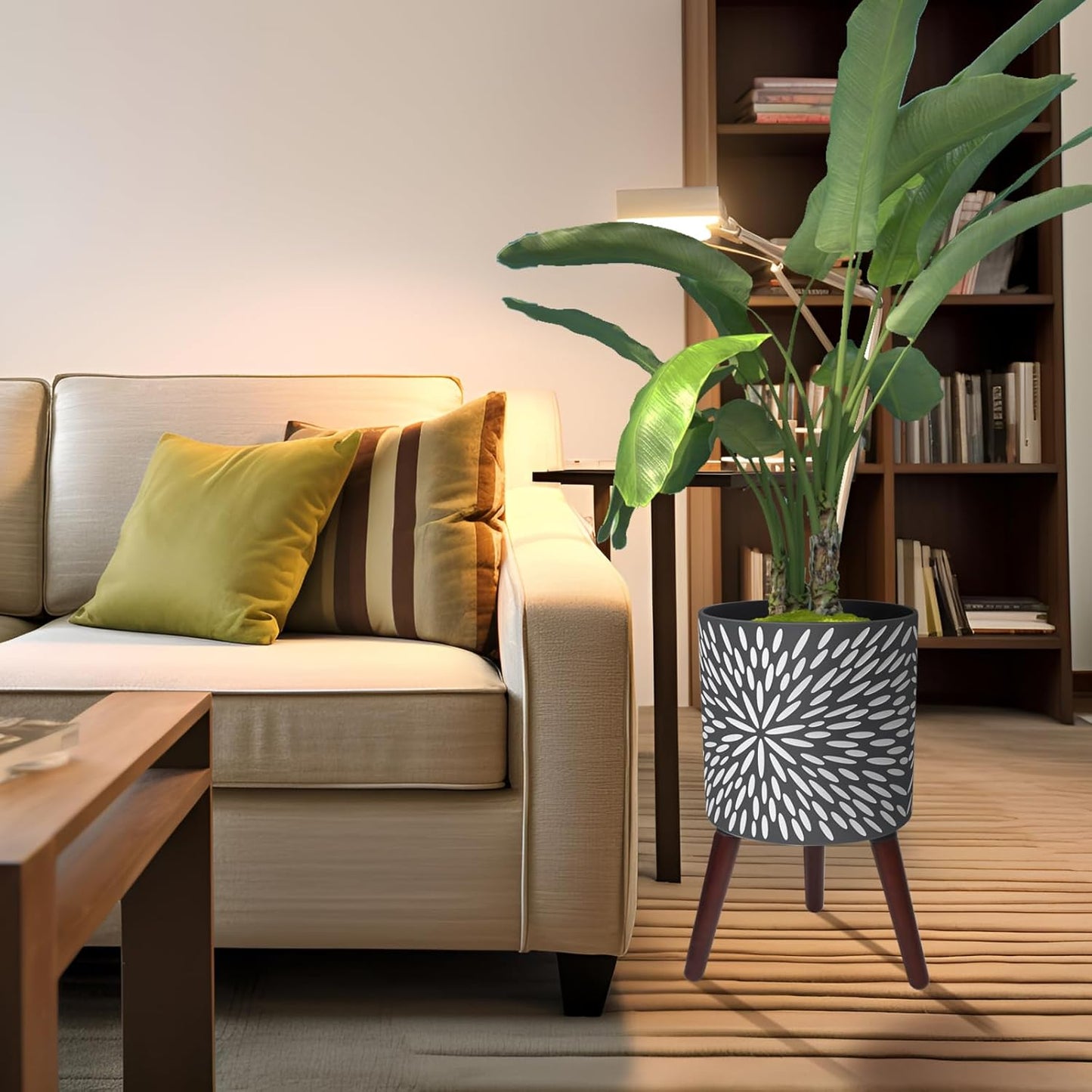 10 Inches Plant Pot with Stand, Large Modern Standing Planters for Indoor Plants with Drainage Holes, Gray Flower Pots with Legs