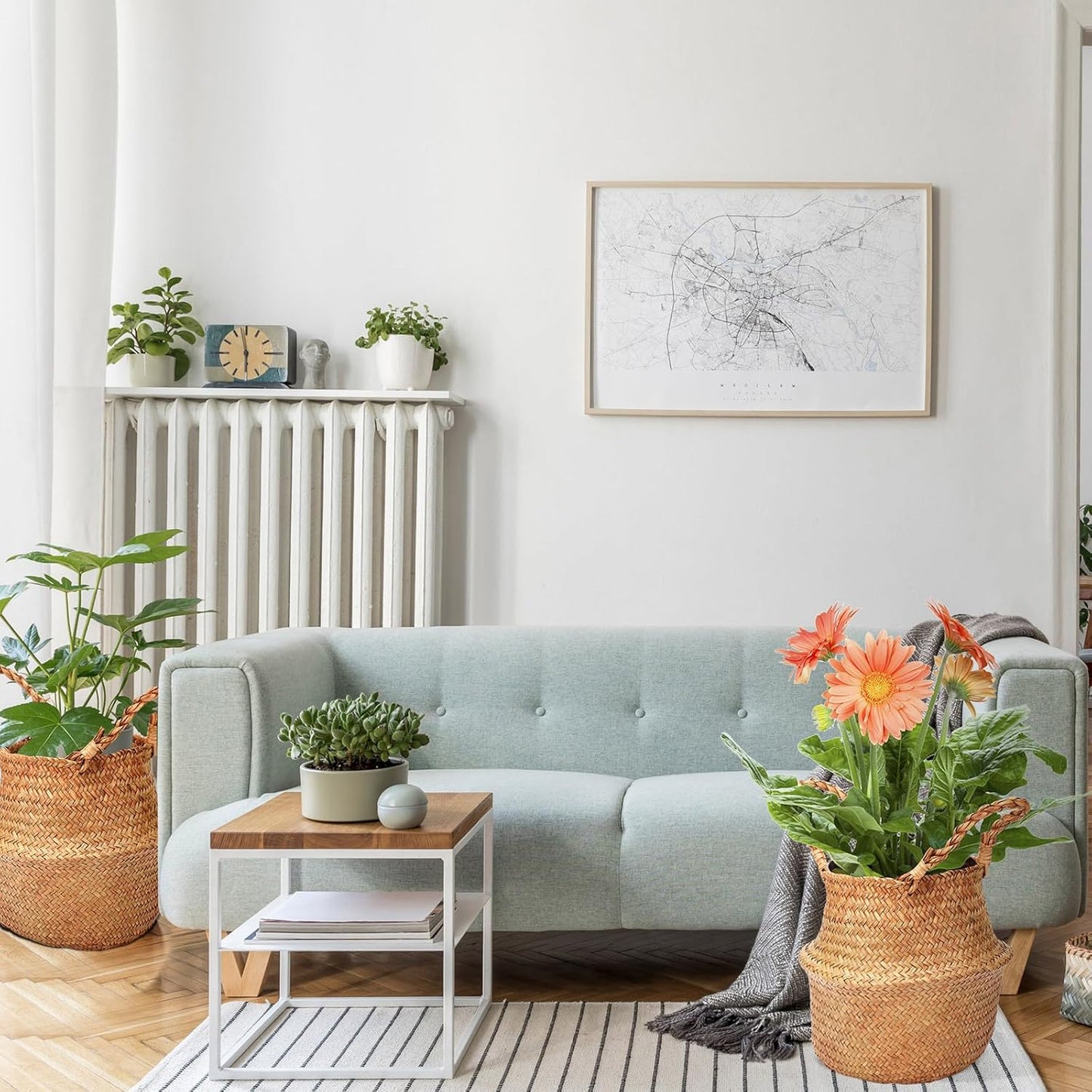 Qunclay Woven Seagrass Baskets Belly Basket Folding Boho Natural Plant Pot with Handles Round Decorative Wicker Large Indoor Planter for Home Outdoor Tree Planters Decor(8.66 x 7.87 Inch, 4 Pcs)