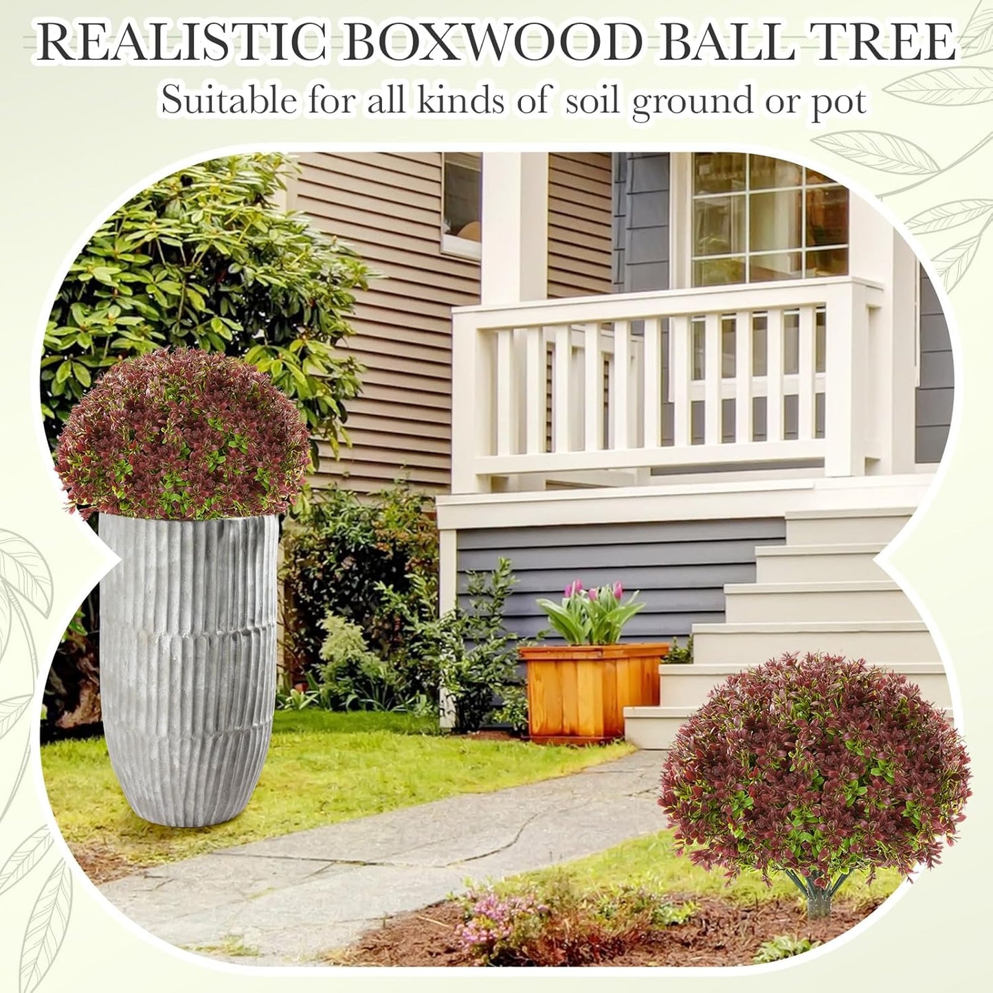 Yunlly 4 Pack 18" Artificial Boxwood Ball Bush Topiary Trees Fake Outdoor Plants, Realistic UV Resistance Faux Shrubs with Spike Greenery Topiary for Front Porch Garden Yard Patio Indoor (Dark Red)