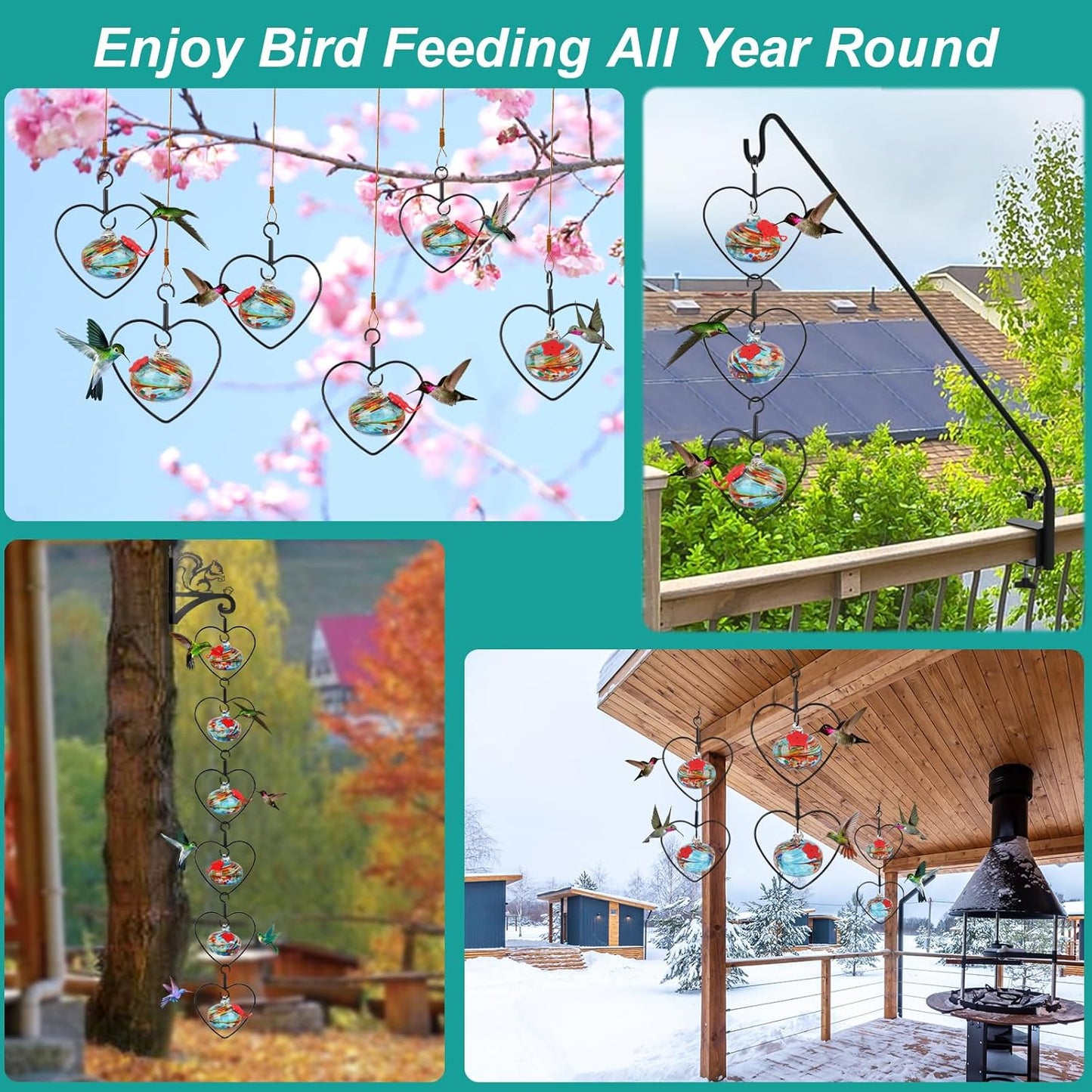 6 Pcs Heart-Shaped Hummingbird Feeder for Outdoors Hanging, Flexible Stackable Hand Blown Glass Humming Bird Feeders with 6 Adjustable Perch for Garden Tree Yard Patio Outdoors (Heart Shaped, Blue)