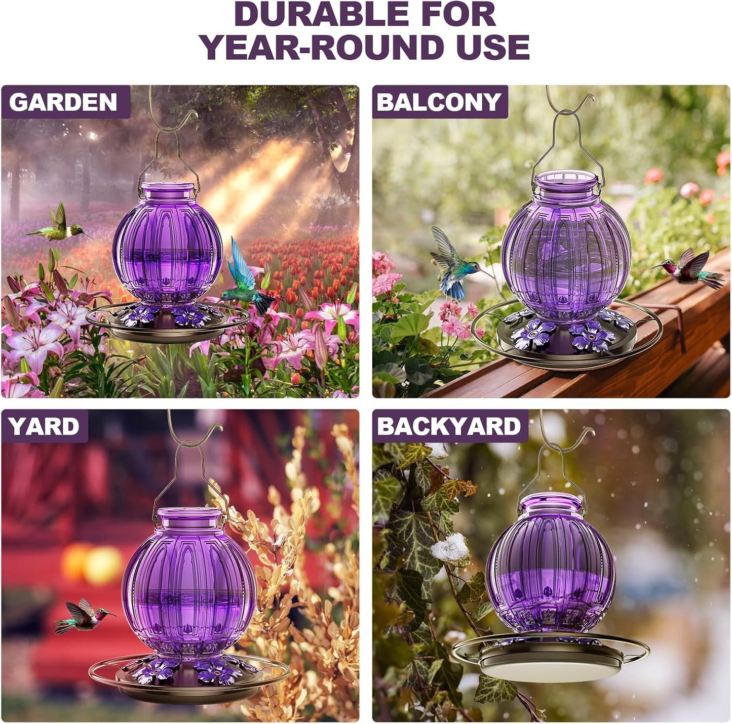 Glass Hummingbird Feeder for Outdoors Hanging, Bird Nectar Feeder with Perch & 5 Flower Feeding Ports, 26 Oz Leak Proof for Outside Garden Decor Backyard, Gifts for Women Mom, Purple