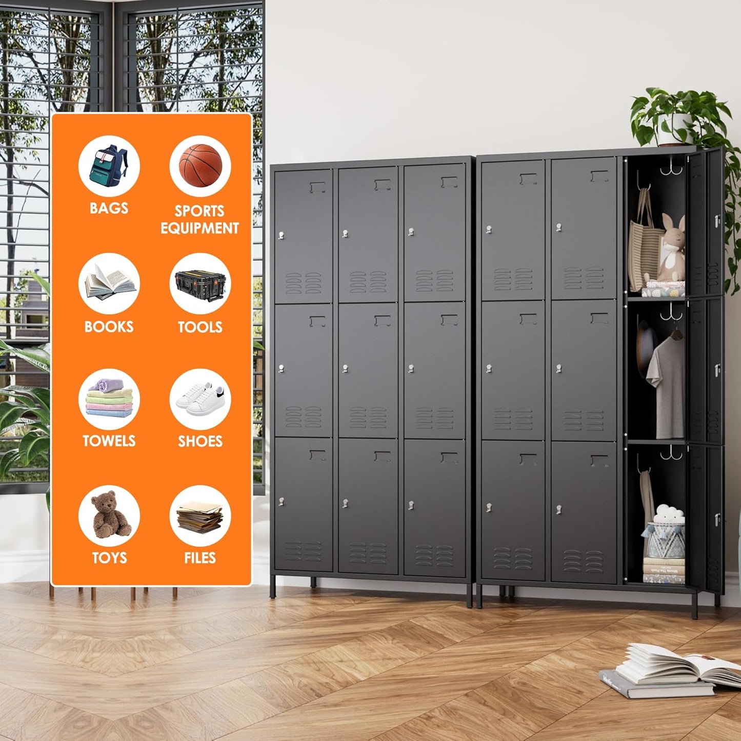 9 Doors Metal Lockers for Employees with 27 Hooks, Storage Locker with Business Card Holder for Office Gym School Bedroom, Assembly Required, Black