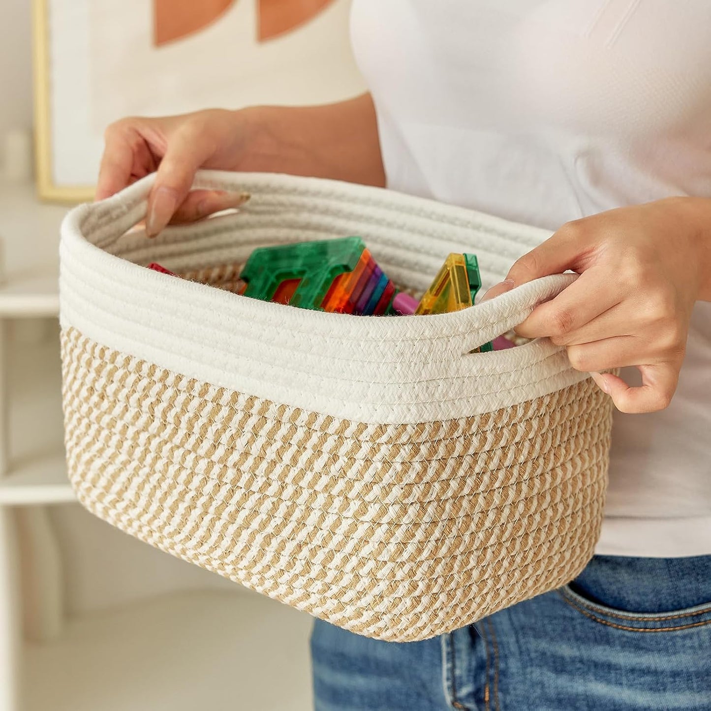 Small Cotton Rope Basket – Storage Bin for Organizing (10.6" x 6.7" x 6.7"), Bathroom Storage Basket for Shelf, Counter & Closet(White & Mixed Camel)