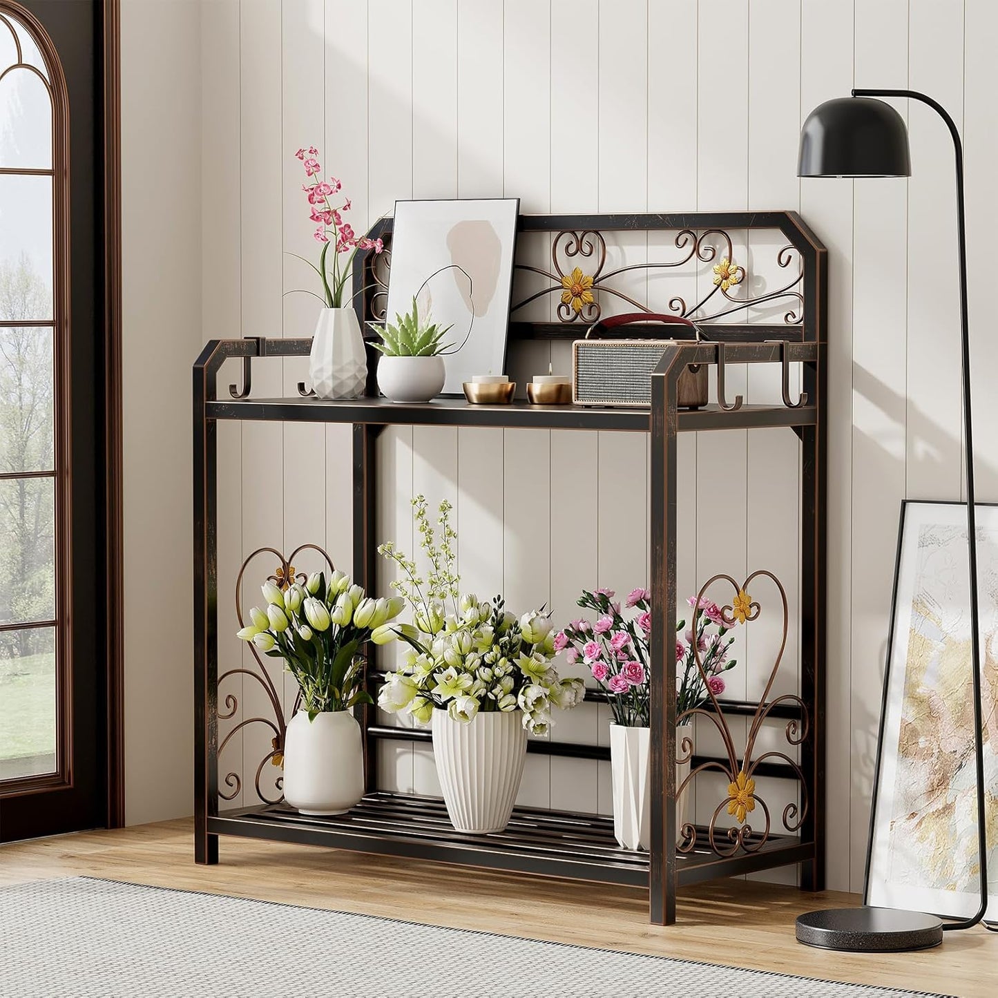 Potting Bench, Outdoor Potting Table with 4 Side Hooks, All-Weather Gardening Table Work Station, Outside Garden Workbench, 505lbs Capacity, 18" D x 39" W x 44" H, Distressed Vintage Black